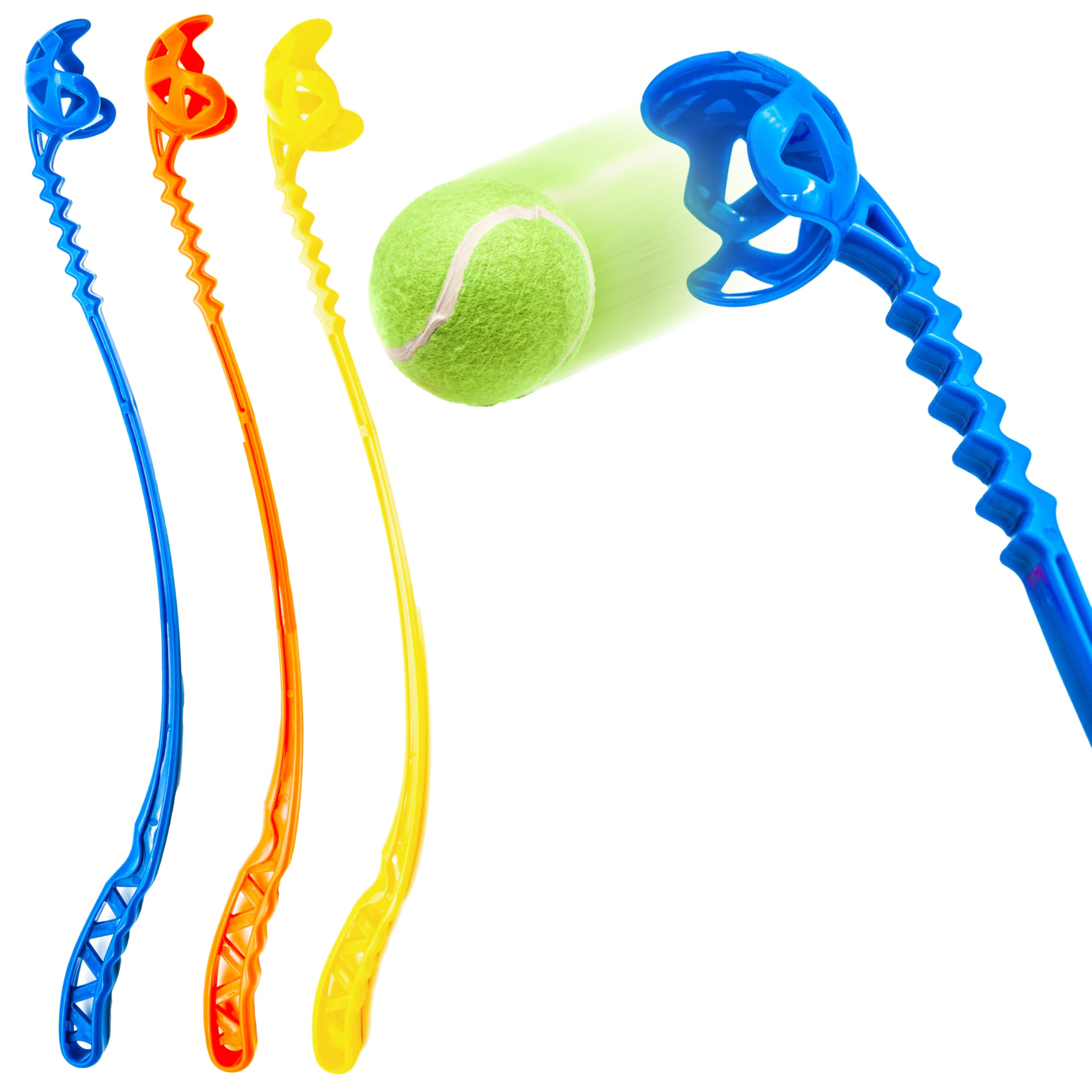 Petopedia 1x 60cm Durable & Long Dog Ball Thrower โ 1 Tennis Balls for Dogs โ Fluorescent, Neon, Zig-Zag Head โ Launcher Toy, Hands-Free Pickup, Outdoor Use, Fetch Play (1x Launcher)