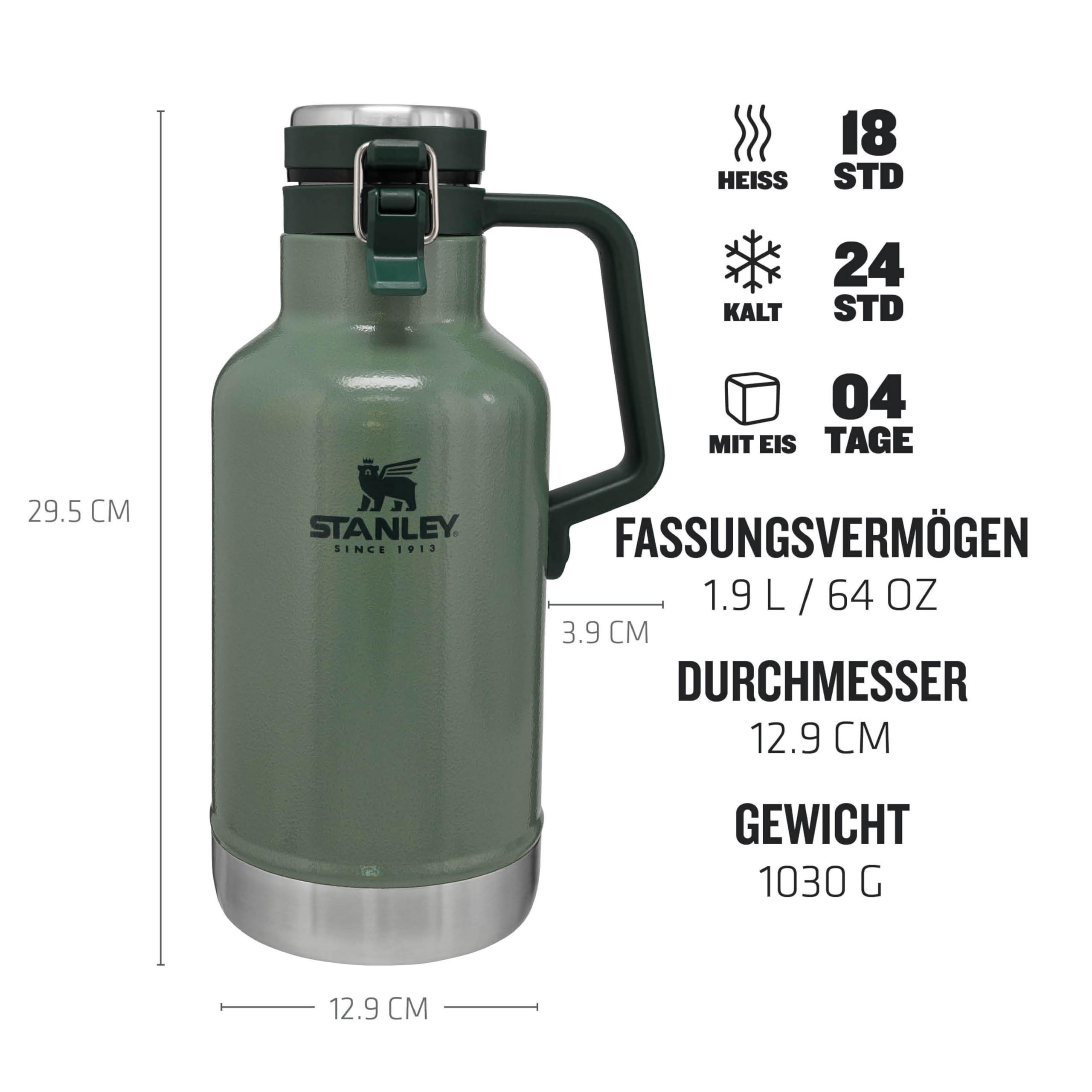 Stanley 1913 Classic Easy-Pour Growler Thermoskanne 1.9 Liter - Hxe4lt Bier 24 Stunden Kalt & Frisch - Edelstahl Thermosflasche - Auslaufsicher - Spxfclmaschinenfest - Hammertone Green | 24 Std. kalt - Hält Bier frisch - Auslaufsicher - Spülmaschinenfest