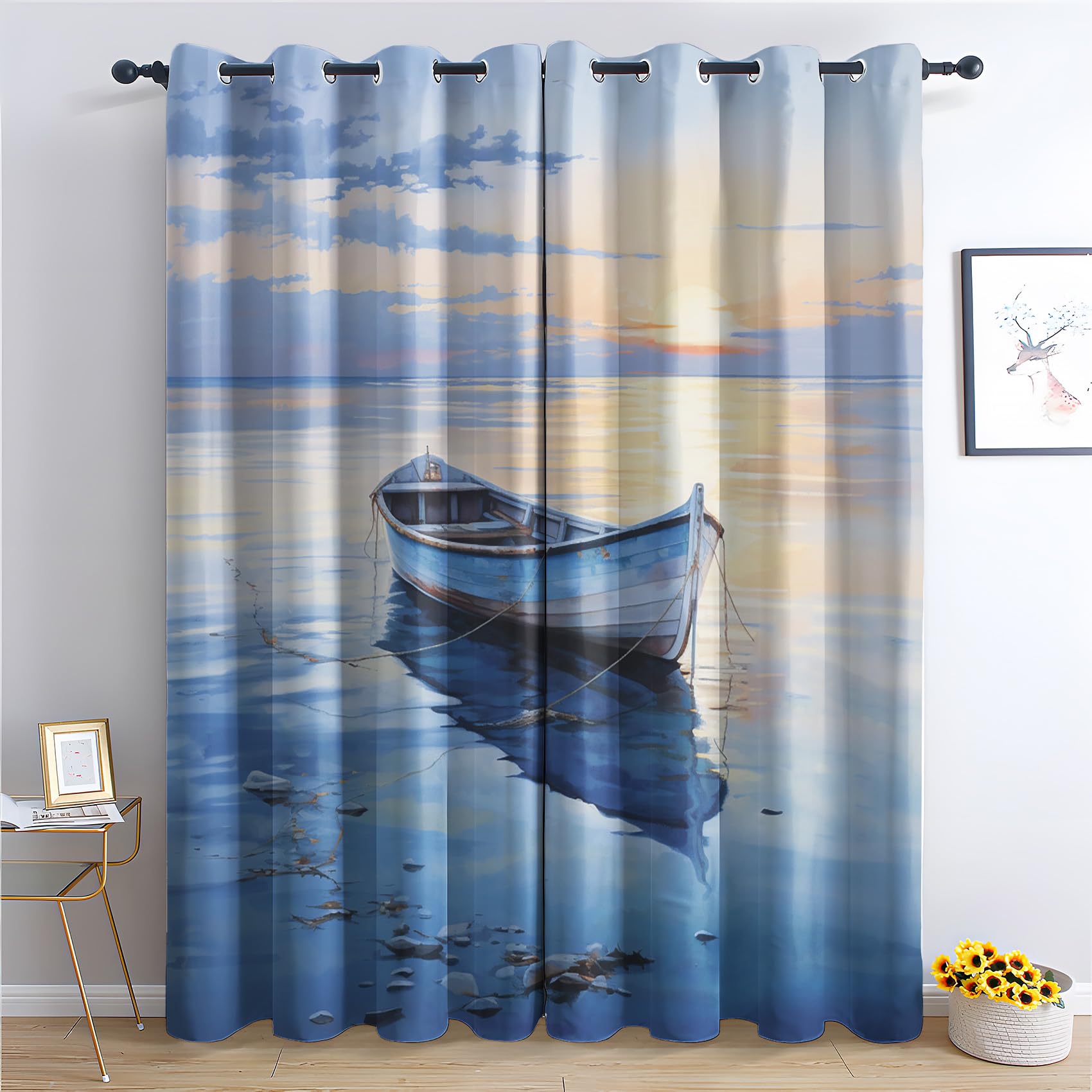 Boat Curtains for Bedroom Living Room - Lake Sunset Scenery Blackout Curtains 90x108 Inch (Width x Drop), Thermal Insulated Eyelet Curtains & Drapes, Patterned Window Treatments H-#303