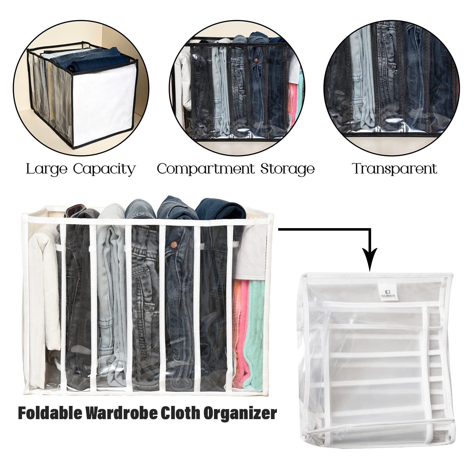 Kuber Industries Organizer na ubrania z PCW, 40 mm, składany, 7 przegródek, przezroczysty, na T-shirty, spodnie, skarpety, 3 sztuki, biały