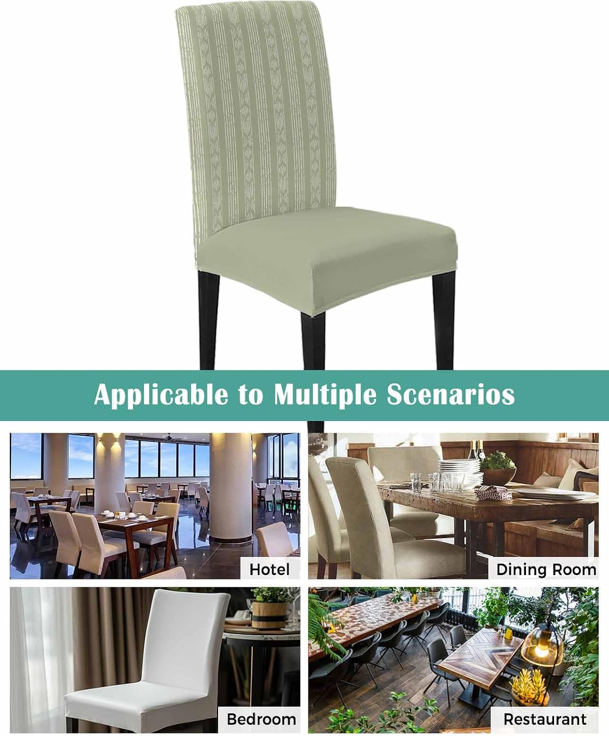 Savannan Chair Covers Set of 4, Boho White Stripe on Sage Green Removable Stretchable Parsons Chair Slipcovers Protector for Kitchen Dining Room Farmhouse Minimalist Style