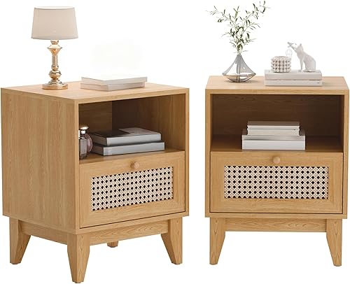 Miniatura 22 de Betterhood Mesita de noche de ratán, mesita de noche con cajones, mesita de noche con estación de carga, mesa auxiliar de cama, mesita de noche