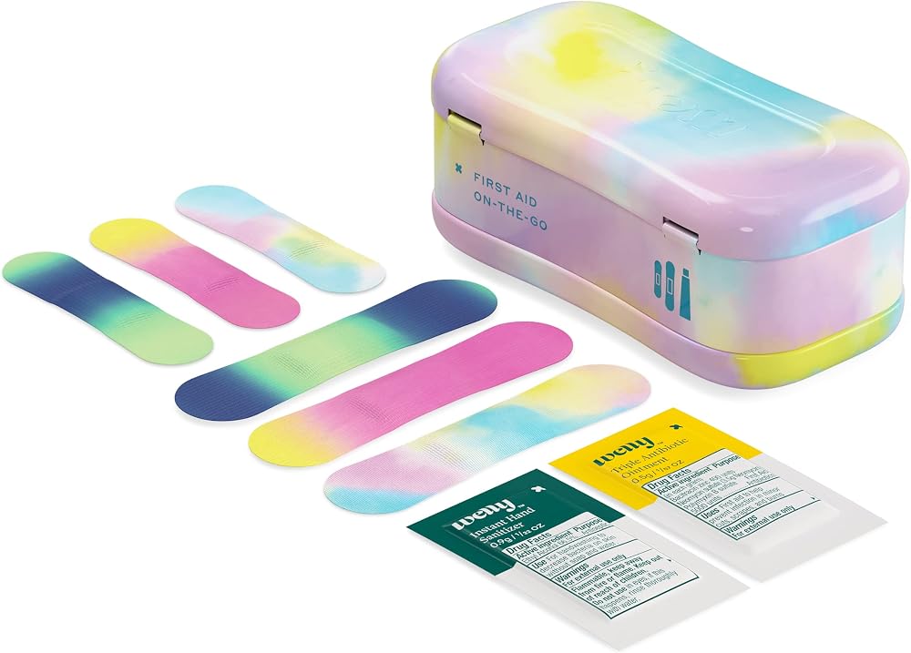 Welly Quick Fix Colorwash, On The Go First Aid Kit, Assorted Bandages, Ointments, and Hand Sanitizer, Tie Dye Patterns, 2 Pack