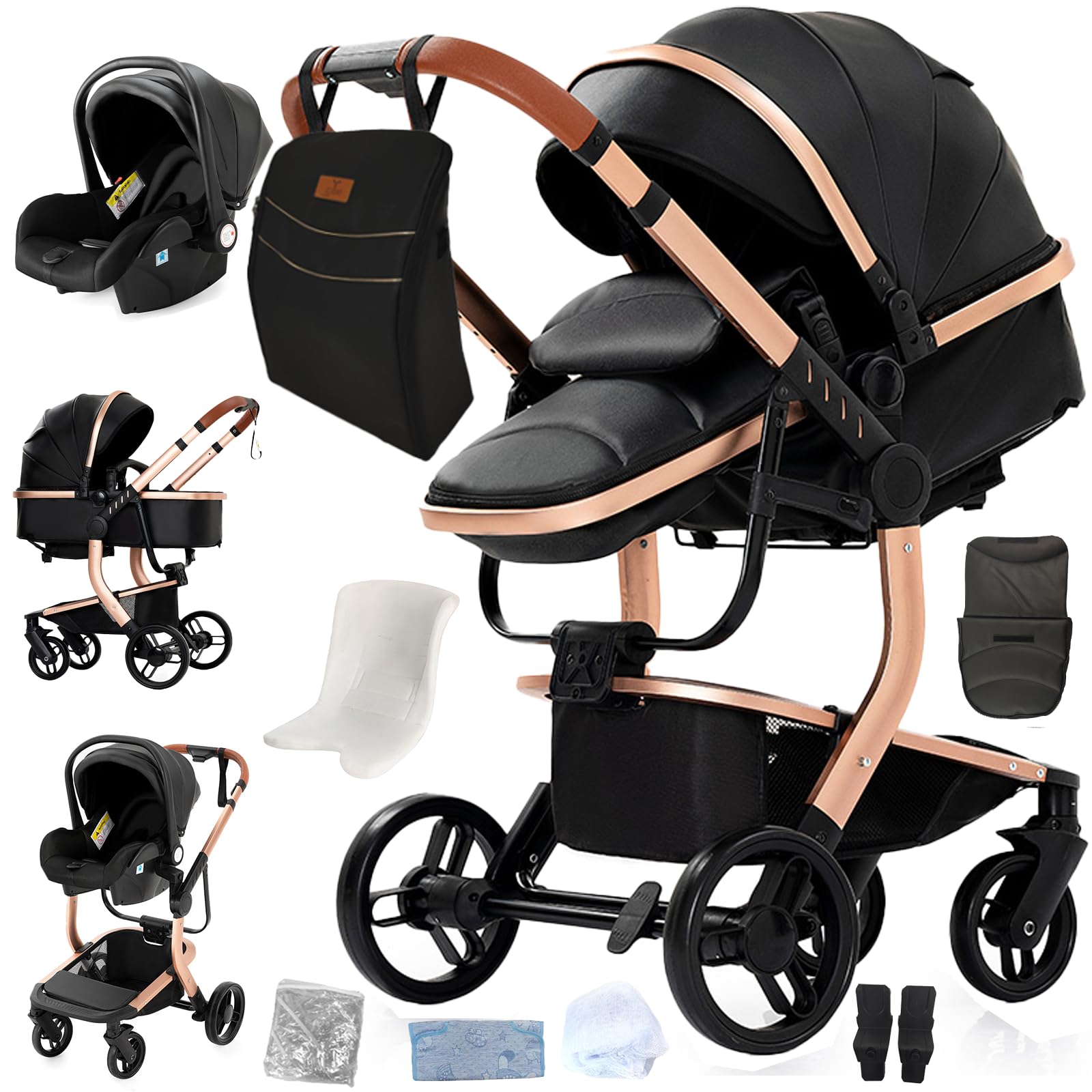 Magic ZC Pelle PU Passeggino Trio, Passeggino 3 in 1 con Spinta Reversibile a Due Vie, Trio Neonati con Accessori, Carrozzina per Neonati con Design Portatile Pieghevole Un Clic (B518 Black)