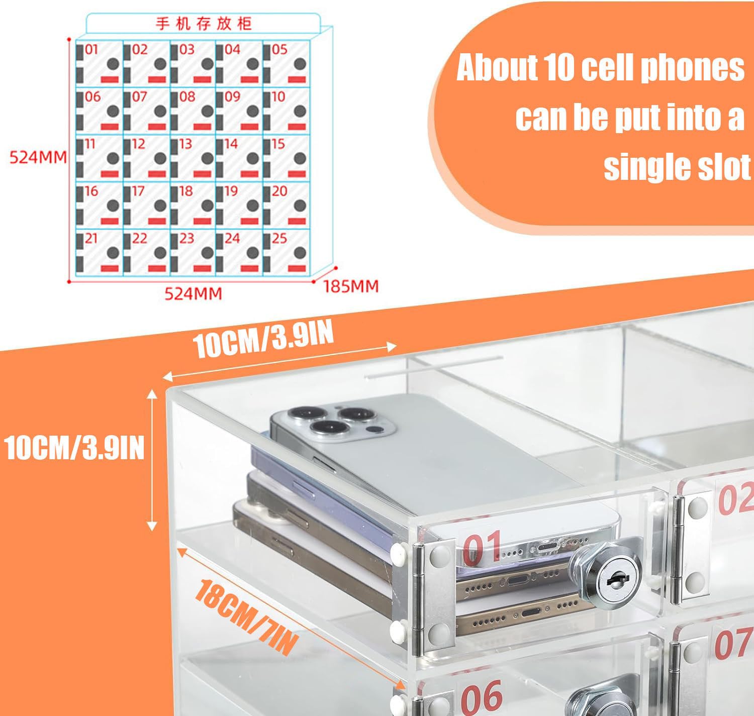Armadietto portaoggetti per cellulare, stazione di ricarica in acrilico con 25 slot, supporto da parete per telefono cellulare, per casa/ufficio, soluzione durevole ed elegante