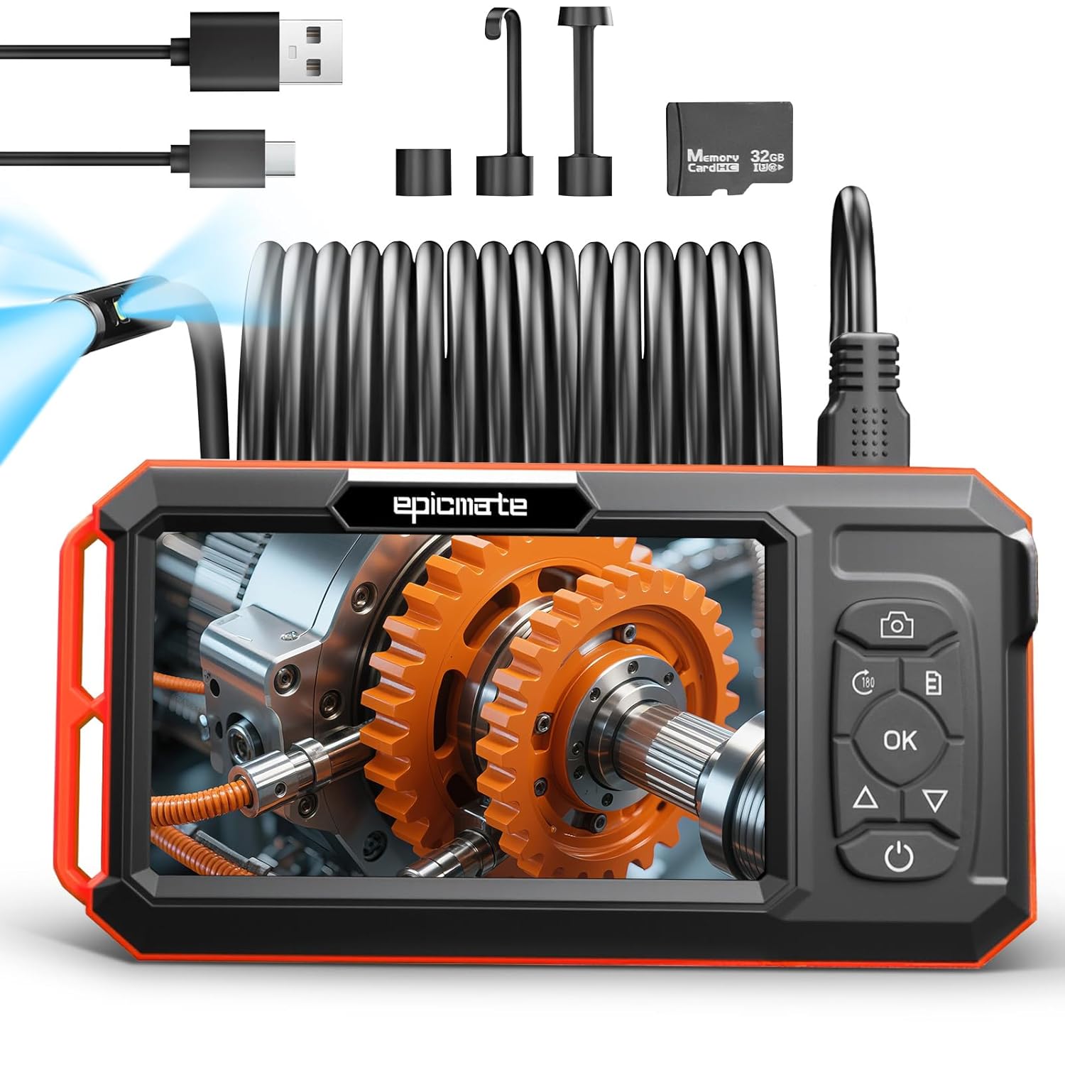 Triple Lens Borescope with 5" IPS Screen, 1920P HD Inspection Endoscope Camera with 50FT Semi-Rigid Snake Cable & 32GB Card, IP67 Waterproof Plumbing Camera for Sewer/Automotive/Drain Pipe