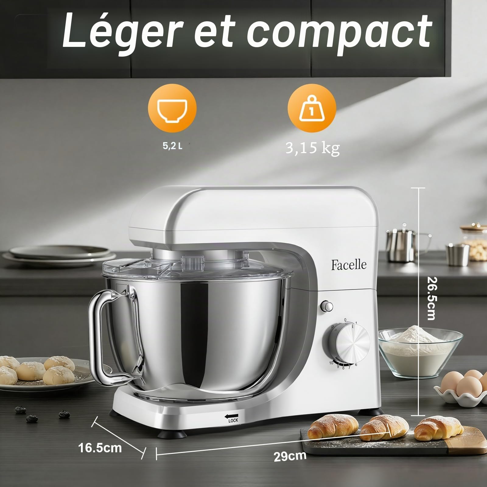 Robot Pâtissier 1500W, Bol en Inox 5.5L, 10 Vitesses + Pulse