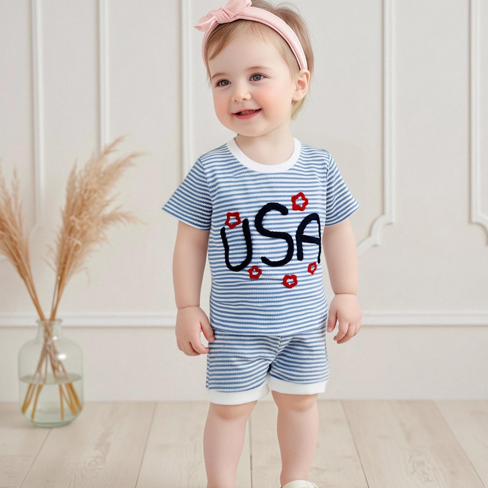Baby Boy Girl Independence Day Outfit USA Embroidery Waffle Short Sleeve T-Shirt Shorts Set Toddler Summer Clothes (Blue, 12-18 Months)