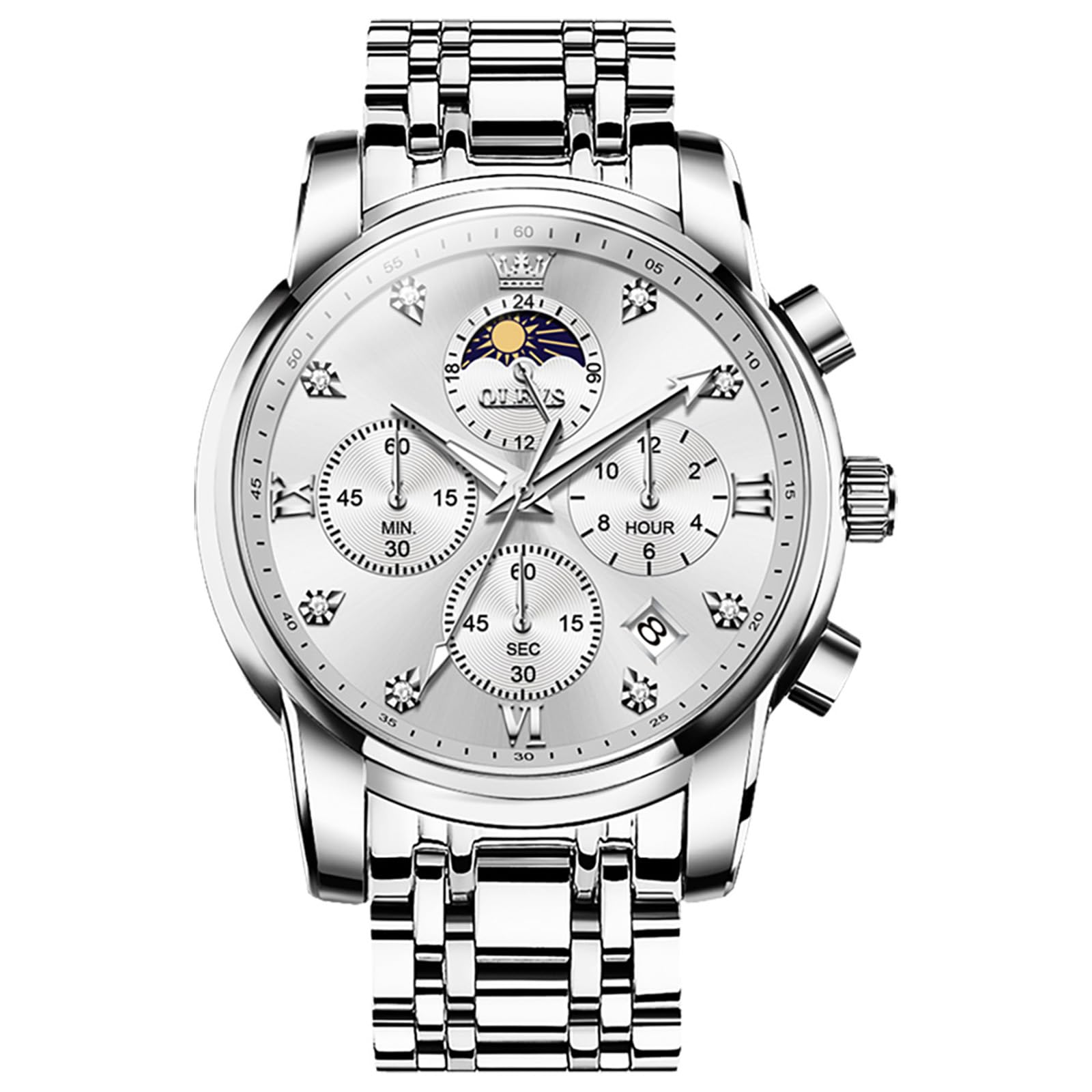 OLEVS Herren Chronograph Armbanduhr Quarz Edelstahl Analog Dual Time | Doppelte Zeitzone Uhren Herren, Leuchtzeigern, Mineralglas, Edelstahlarmband und 3ATM Wasserschutz für Reisen und Business
