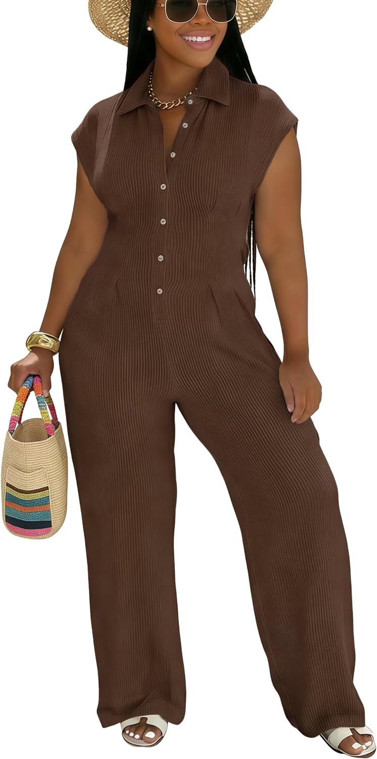 Jumpsuits for Women Sexy Button Up One Piece Jumpsuit Casual Wide Leg Pants Rompers Summer Jumpsuits Club Outfits