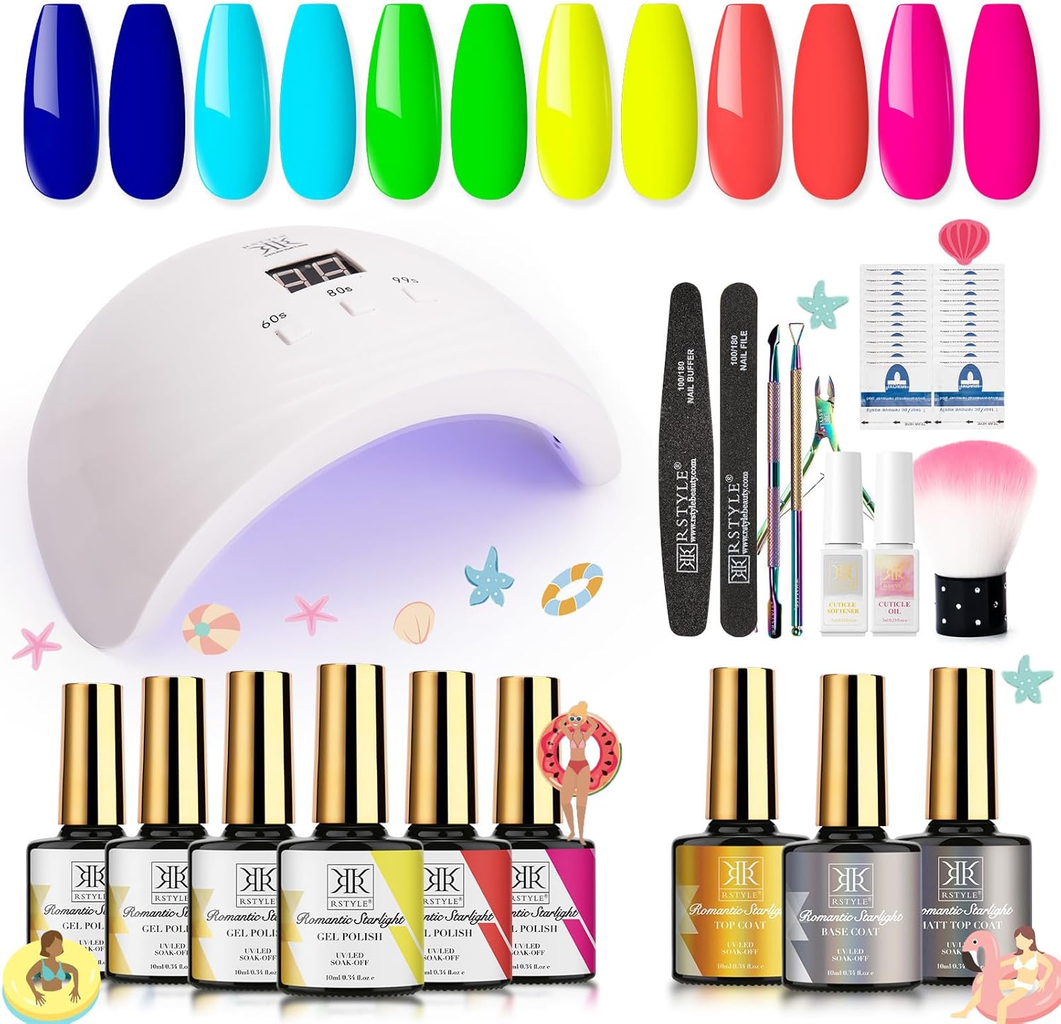 RSTYLE 9 * 10ml Kit Semipermanente Unghie Completo Professionale in Gel Lampada UV 48W Soak Off Set Classico Smalti Gel Nail Art o Saloni Kit di Partenza Neon Fluo 10ml - Immagine 1