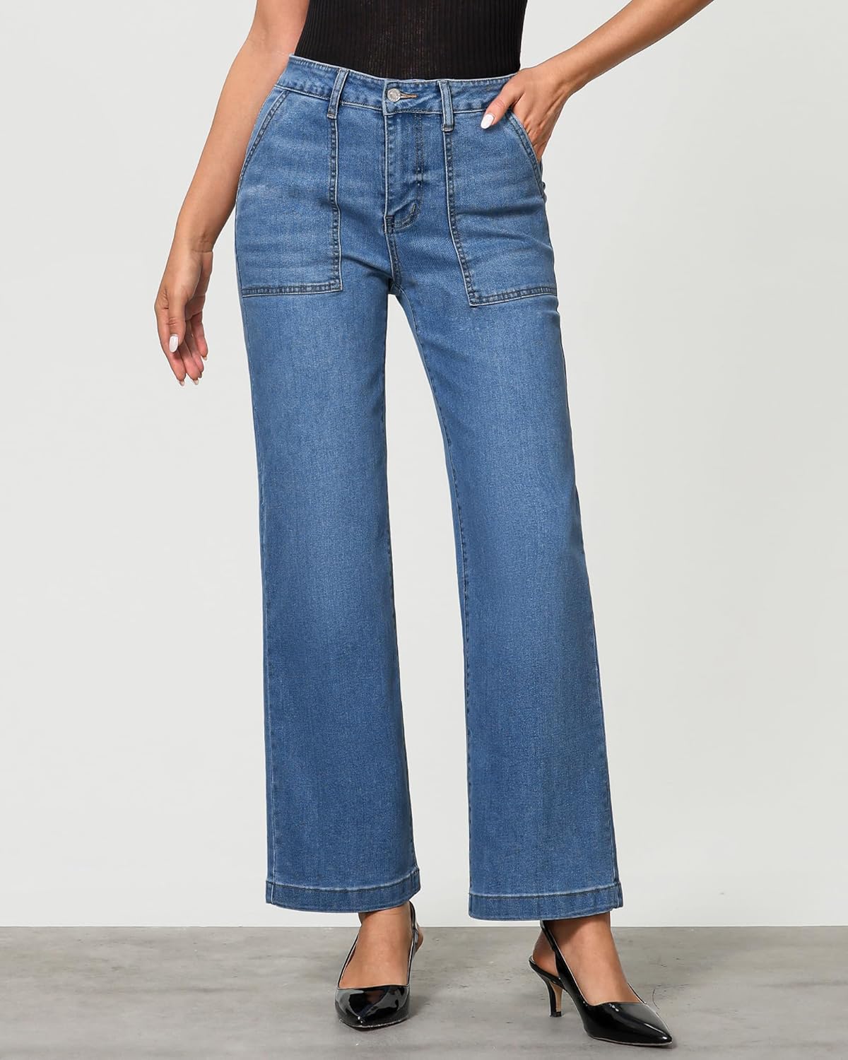GRAPENT Jeans for Women High Waisted Straight Leg Jeans Stretchy Trendy Wide Leg Denim Pants Jean Trousers Patch Pockets - Image 4