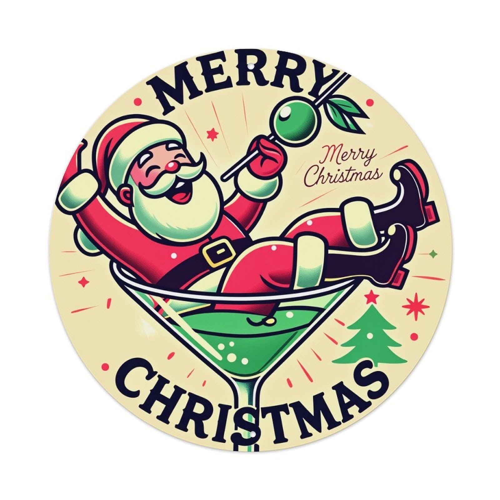 Santa In Martini Glass Christmas Tree Round Tin Sign Retro Metal Sign for Cafe Bar Pub Home Game Room Gym Club Wall Decoration Vintage Metal Poster 8x8 Inch