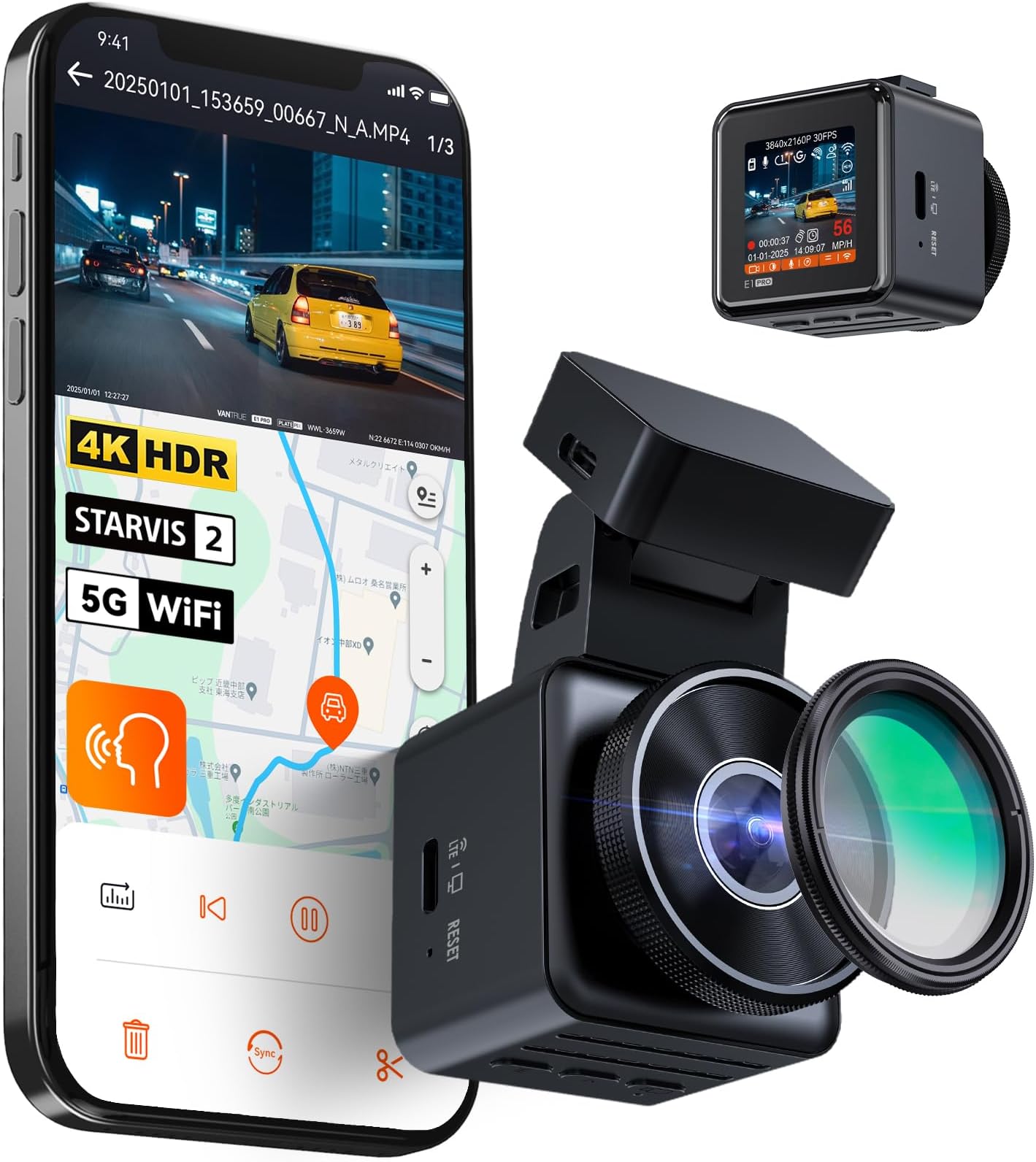 Vantrue E1 Pro 4K Mini Dash Cam Front, STARVIS 2 PlatePix™ HDR Night Vision Car Camera, Built-in 5G WiFi GPS, 1.54'' IPS Screen, LTE Support, Voice Control, 24/7 Buffered Parking Mode, Support 1TB Max