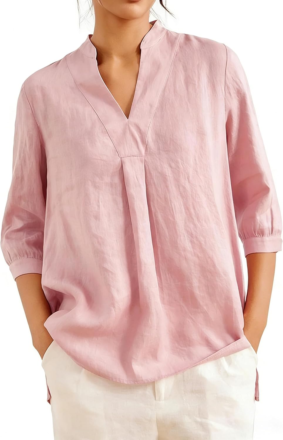 Women's 100% Linen Split Neck Blouse - 3/4 Puff Sleeve Loose Fit Summer Linen Top