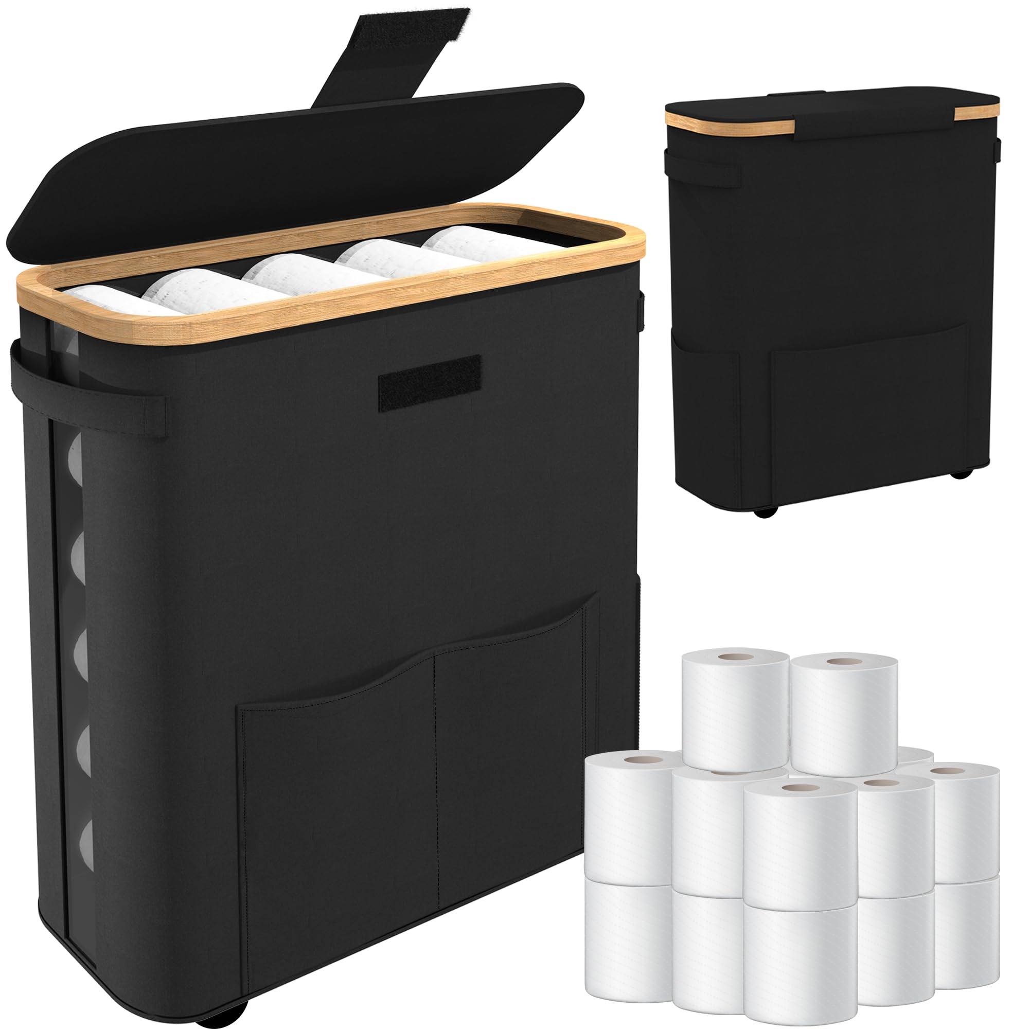 NFAMRZCAR Multifunctional Toilet Paper Storage Basket 40L,WaterProof Toilet Paper Storage with Lid&Private Removable Bag,Holds 20 Standard Roll or 15 Mega Roll,Organizer for Bathroom Rv