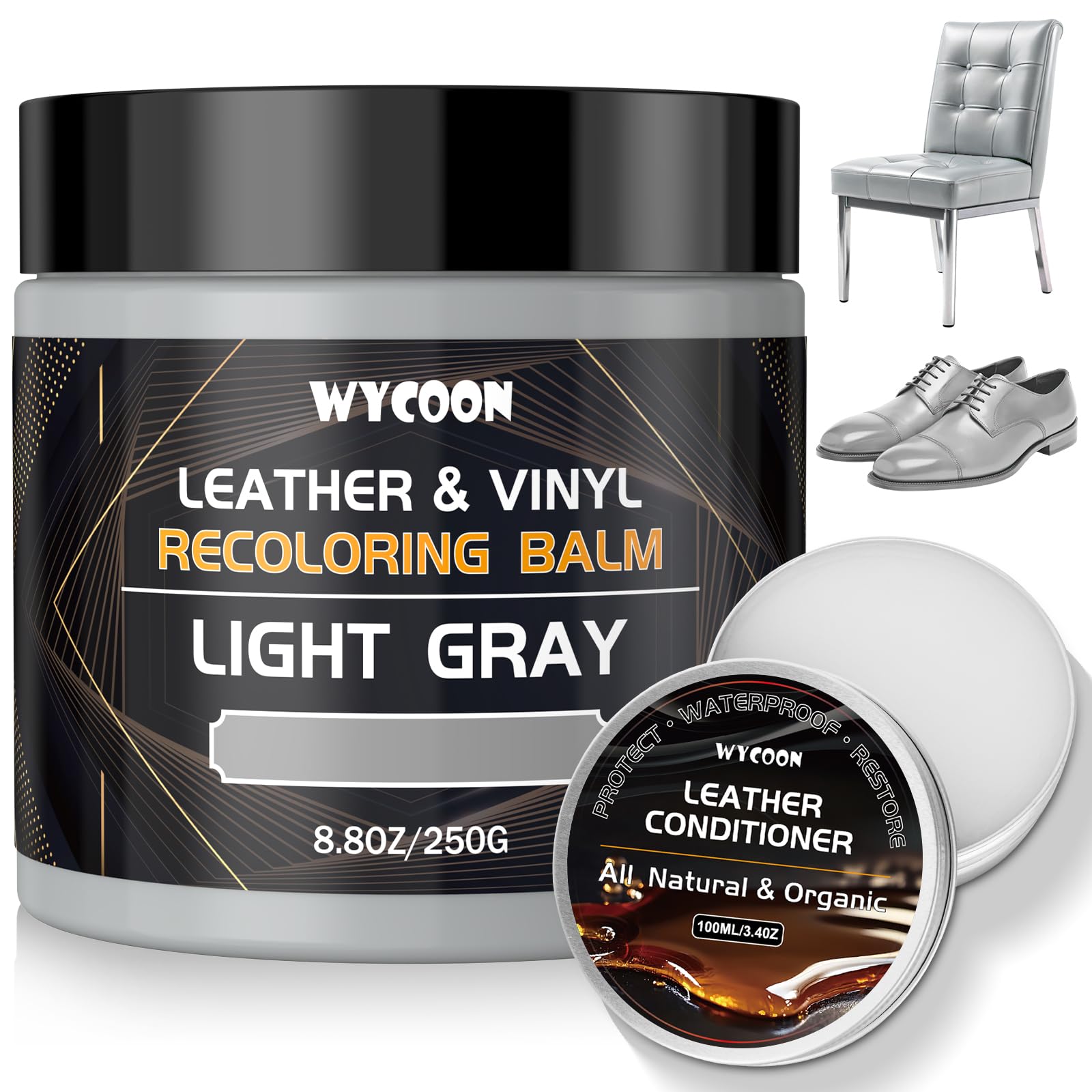WYCOON Leder Reparatur Set Hellgrau mit Lederfett - Professionelle Lederfarbe & Flüssigleder für Sofas, Autositze, Schuhe, Vinylmöbel – Repariert Verblasste & Zerkratzte Oberflächen