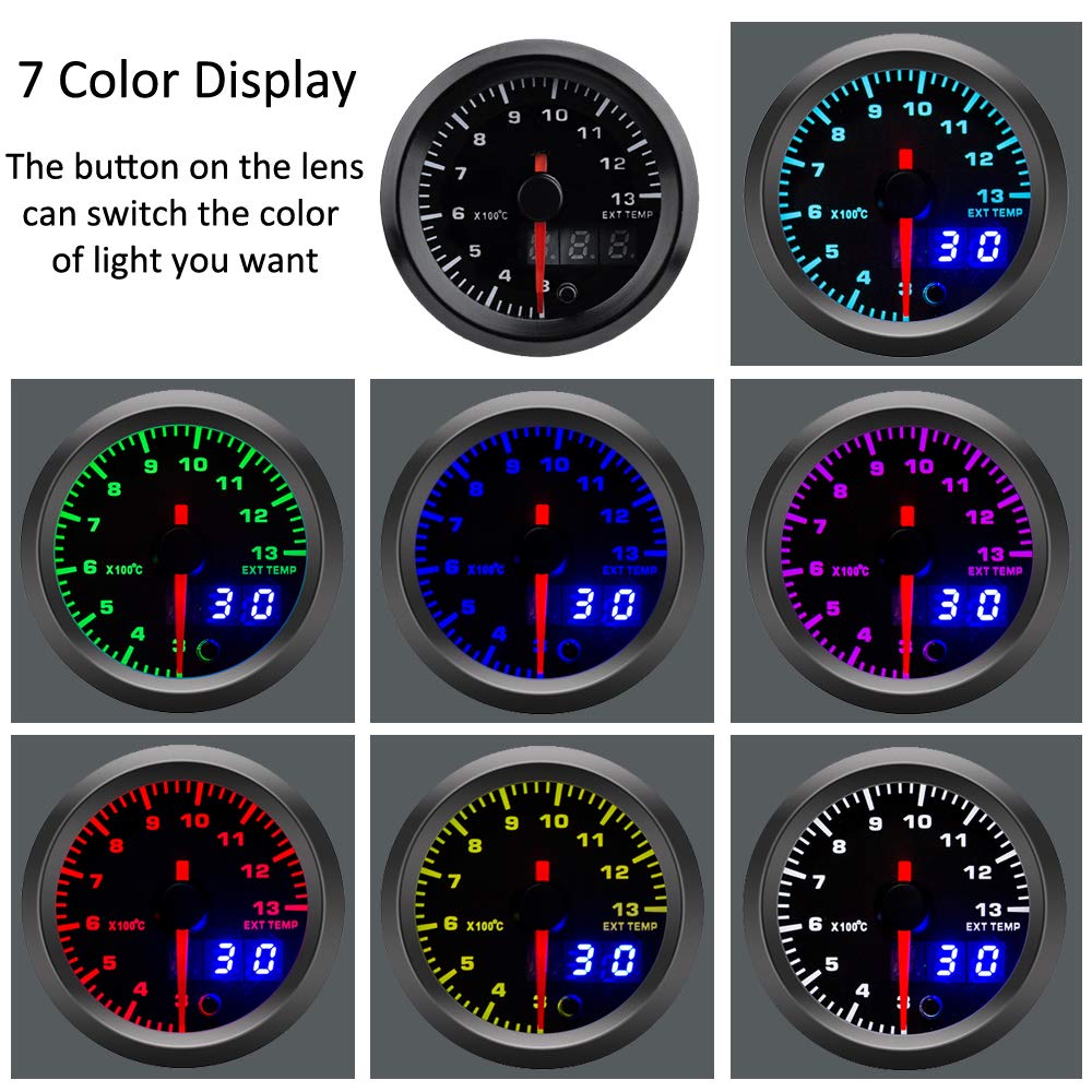 52mm pointeur de Moteur dvoiture kit jauge de température gaz d'échappement Indicateur Lumineux LED 7 Couleurs Cadran Numérique Double d'affichage
