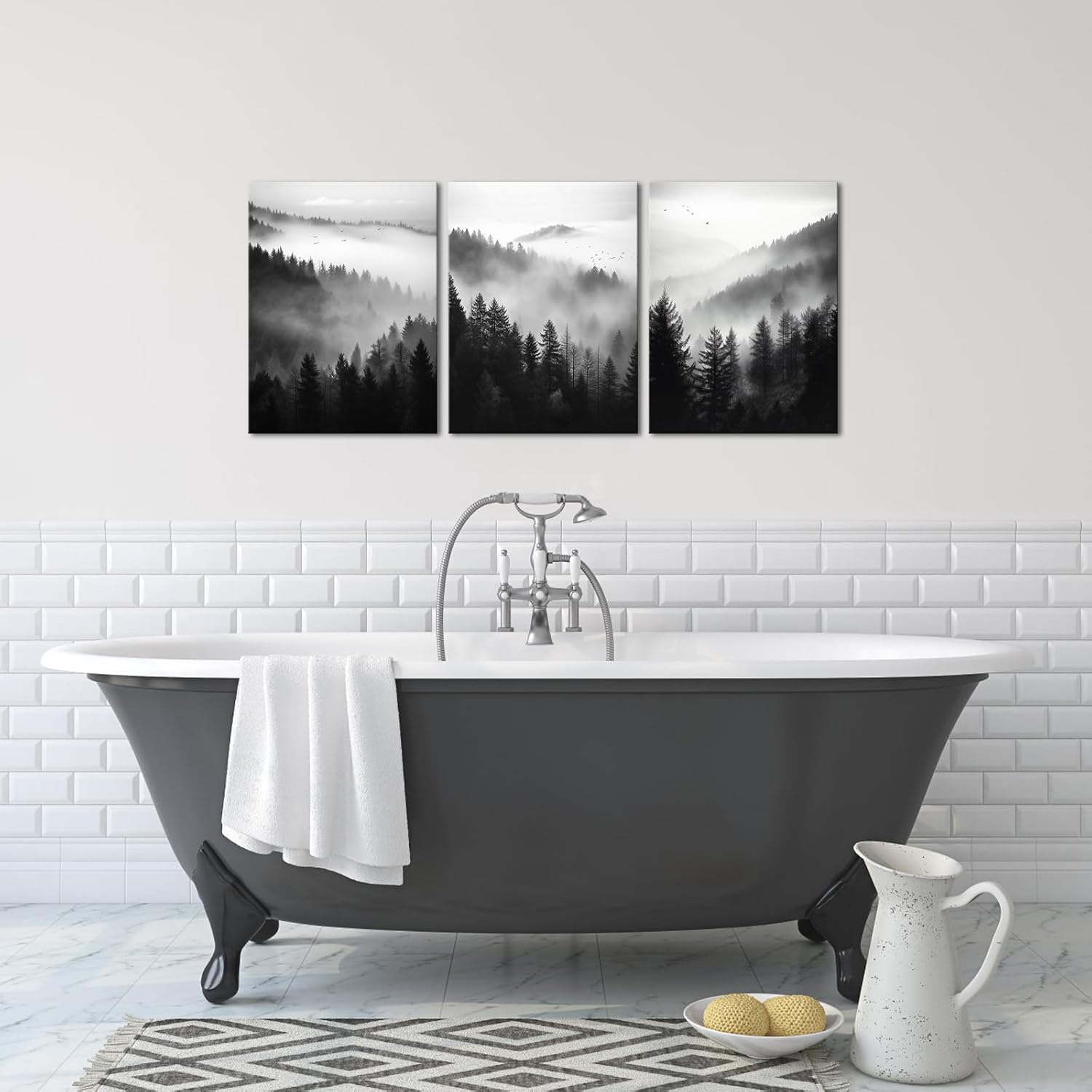 YeiLnm Black and White Mountain Pictures for Bedroom Living Room Foggy Forest Wall Art 12x16 inches