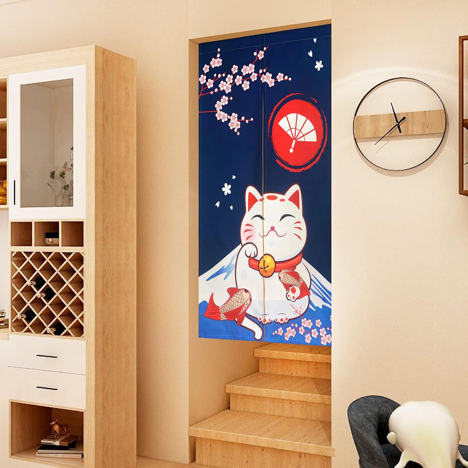 LIGICKY Noren Doorway Curtain Japanese Style Traditional Mountain Fuji Lucky Cat Cherryblossom Printed Cotton Linen Window Treatment Door Tapestry for Home Decoration 85 x 150 cm,Navy Blue - Image 4