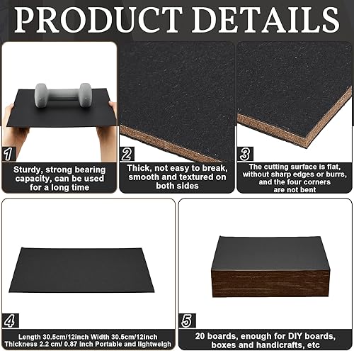 Miniatura 4 de 20 tableros de libros, tableros aglomerados de diseño de papel kraft de alta resistencia, suministros para encuadernación de libros (negro, 12 x 12