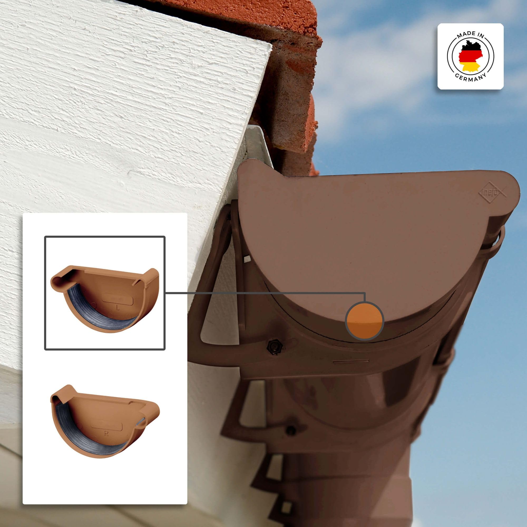 INEFA Zakończenie rynny, półokrągłe, PVC 125mm, lewe brązowe Akcesoria rynnowe, prostymontaż na wcisk,made in Germany