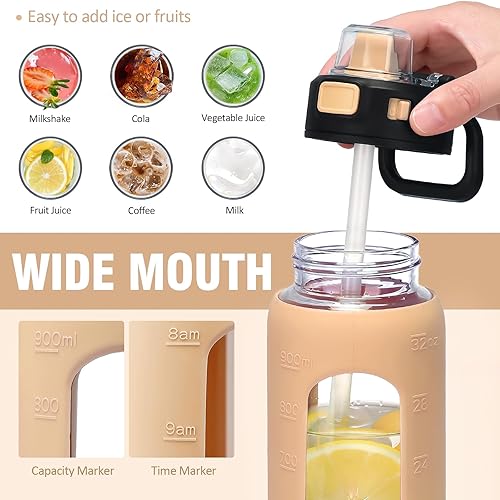 Miniatura 4 de Kodrine Botella de agua de vidrio de 32 onzas con popote y asa de transporte, tapa de bloqueo a prueba de fugas de un solo toque, botella