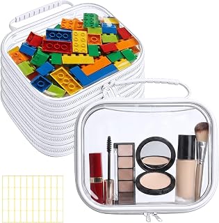 6 Pcs Clear Hard Zipper Case with Handle and Label 9.8 x 7.9 x 2 Inches Office Storage Cases Transparent Bins Hard Plastic Pouches for Cosmetics, Crafts, Puzzles, Snacks(White)