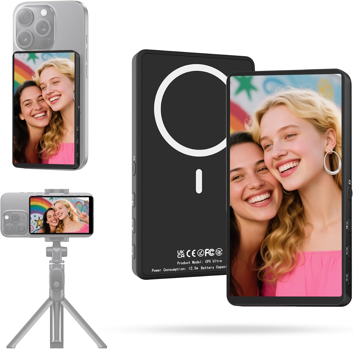 CP5 Ultra Selfie Monitor Screen Iphone,1080P60fps Recording,Back Camera Monitor Iphone,Magnetic Stable，Mirror Rotation，Three Level Brightness Adjustment，Compatible with iPhone & Android（PINK)