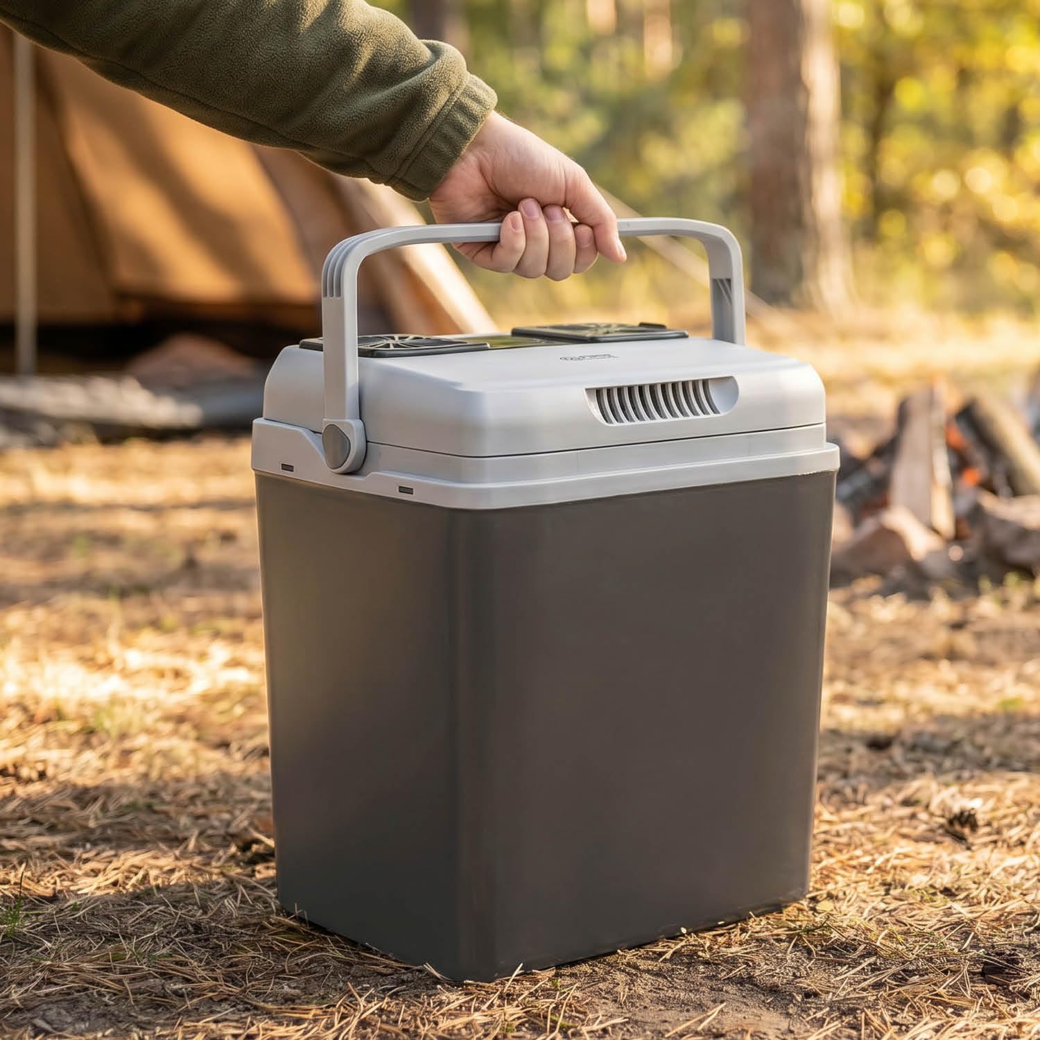 TZS First Austria - Termoelektryczna lodówka podróżna 25 l – wydajność chłodzenia 18 stopni – 230 V/12 V/USB-C PD 3.0 – przenośna minibar do samochodu i na kemping – szara/jasnoszara