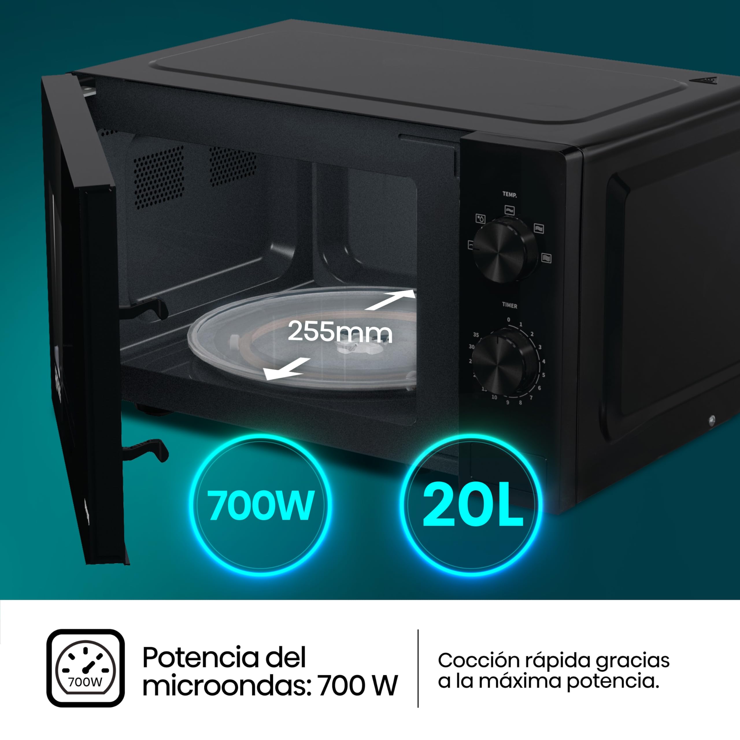 Hisense H20MOBP1, Microondas, Capacidad de 20 L, 700 W de Potencia, Temporizador 30 Min, Modo Descongelar, Tirador, Estándar, Color Negro