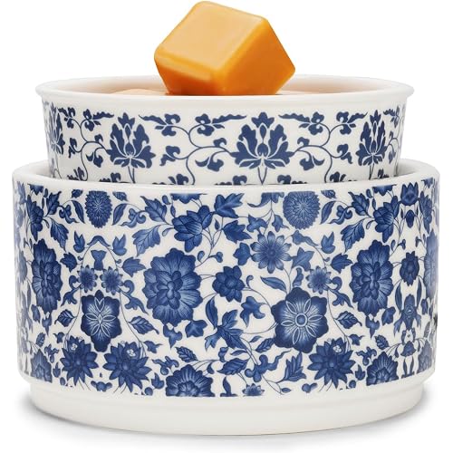 NAFANG Blue & White Porcelain Pattern Wax Melt Warmer,Ceramic 3-in-1 Electric Candle Wax Warmer for Scented Wax Melter Oil Burner for Home Office Bedroom Gift & Decor (with KD Iron Shelf)