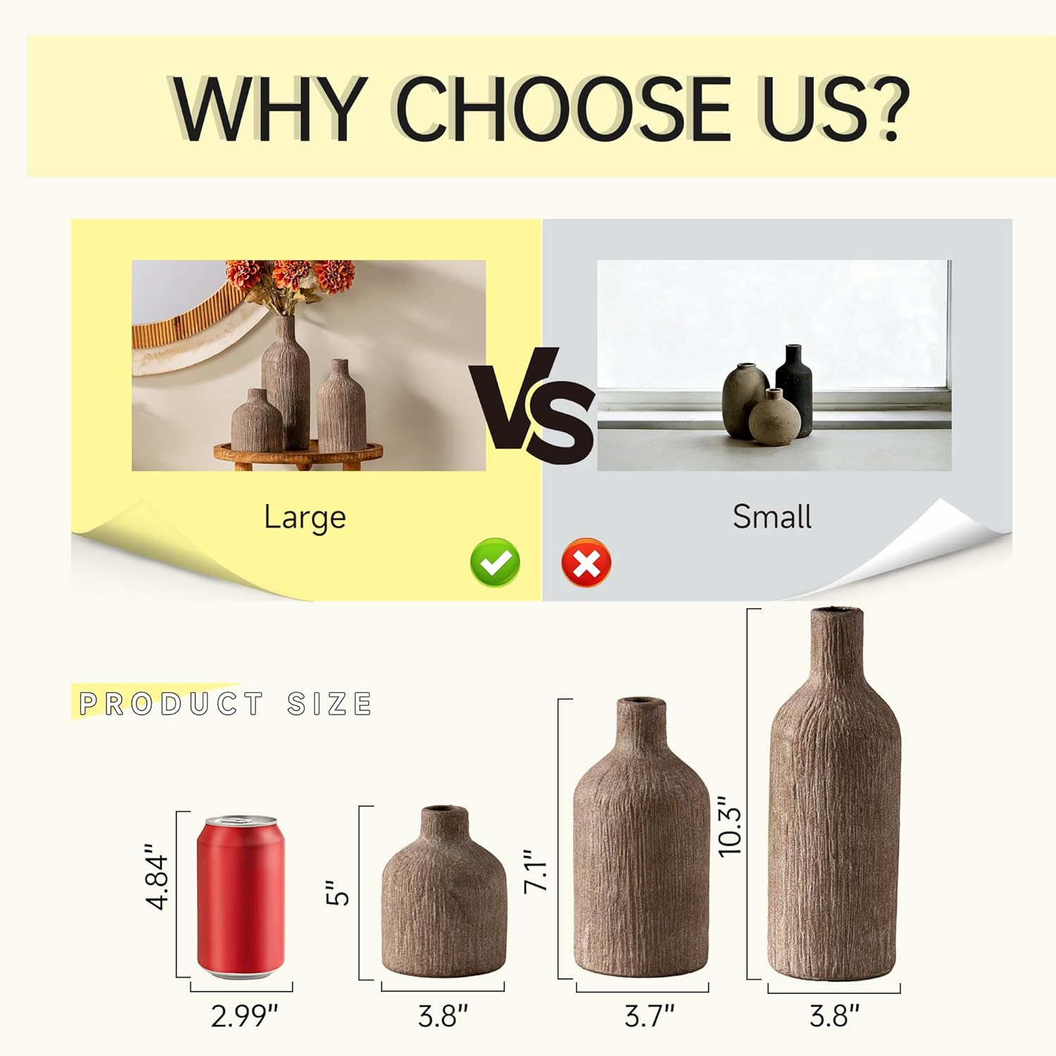 Ceramic Vase Home Table Decor - Brown Flower Vase Set of 3 Living Room Kitchen Decorations Farmhouse Modern Rustic Vases Decorative Centerpiece for Shelf Bedroom Office Bathroom Dining Coffee Desk - Image 2