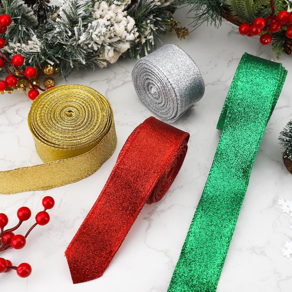 Glitter Ribbon Wired Christmas Ribbon for Christmas Tree, 1 1/2 Inch 40 Yards Gold, Silver, Red, and Green Wire for Gift Wrapping Birthday Party Wedding Decor Sparkly Decorations Glitter Fabric