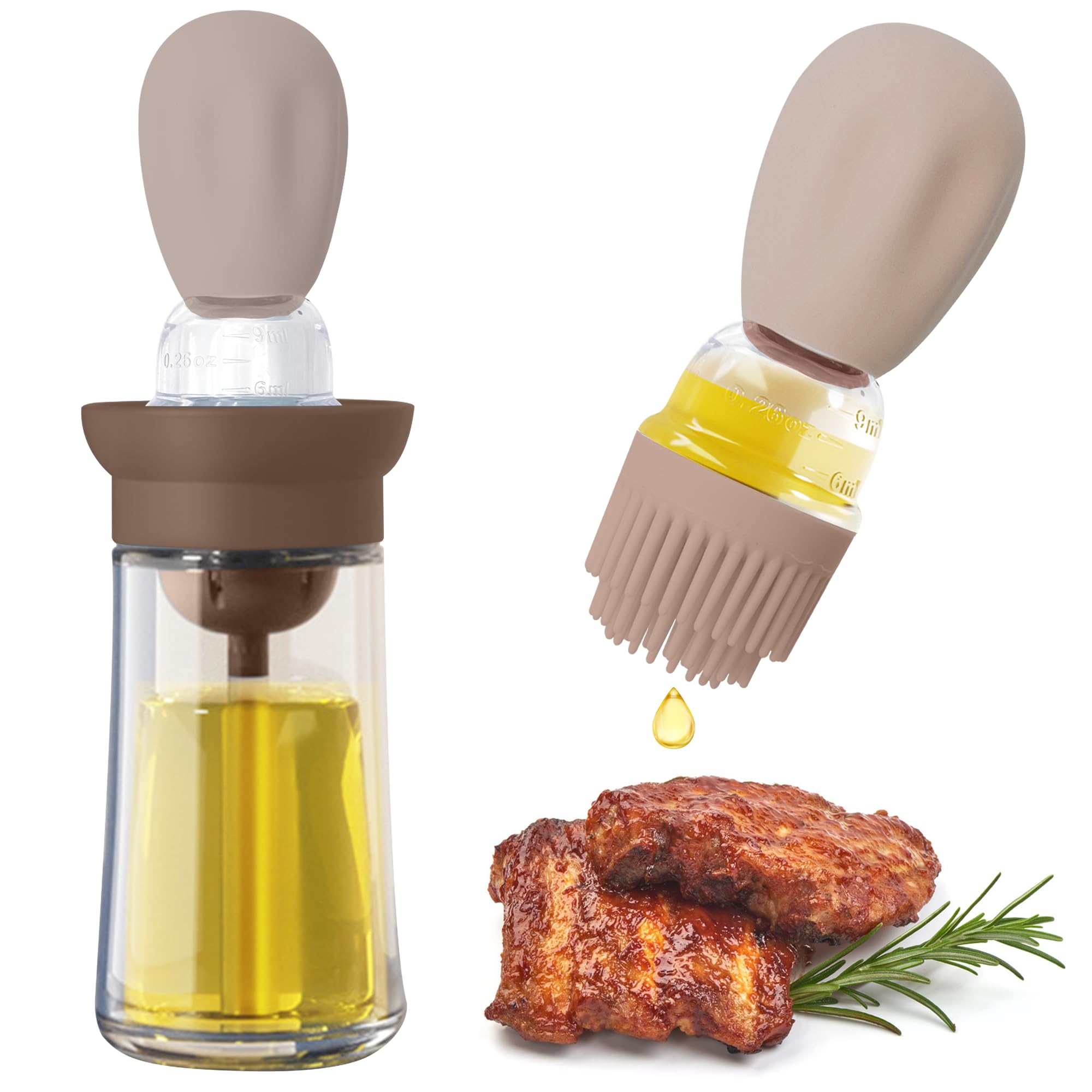 Uryxery Brown Oil Dispenser With 3-Layer Brush, 180Ml Sky Blue Glass Olive Bottle For Kitchen, Adjustable Press Sprayer For Bbq, Cooking, Baking (Brown)