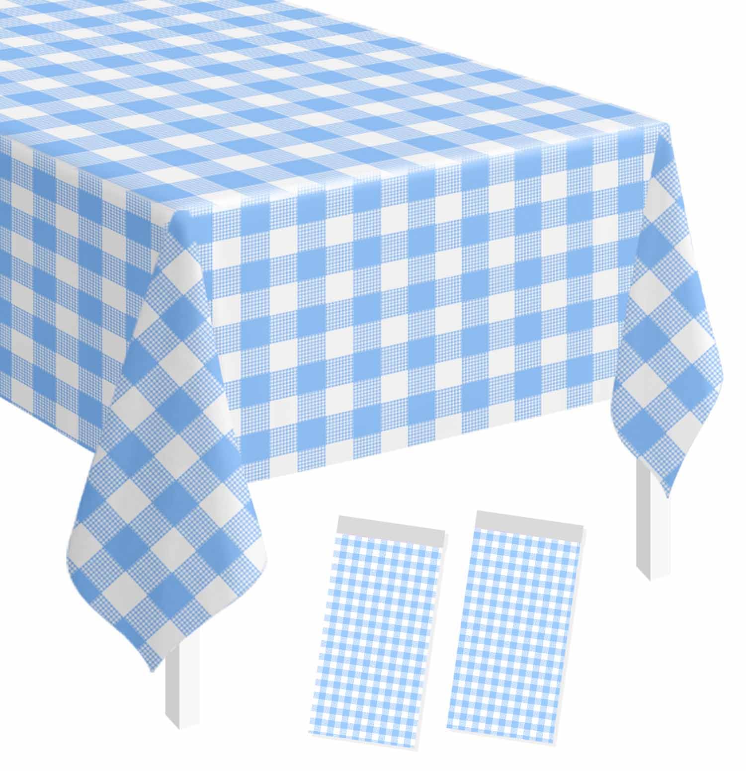 SietDESEO 2 Pack Light Blue Gingham Tablecloth Rectangle 54 x 108 Blue and White Checkered Table Cloth Disposable Plaid Table Cover Plastic for Birthday Baby Shower Picnic Wedding Party Supplies
