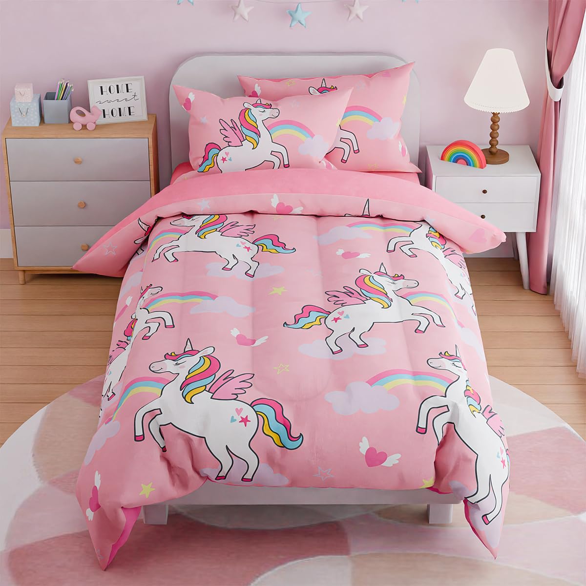 SANDJEST Unicorns Bedding Twin Set for Girls Kids Children, Ultra Soft Microfiber Comforter Set with 3-Pieces, Comforters Bed Sets Bedroom Decor-image-15
