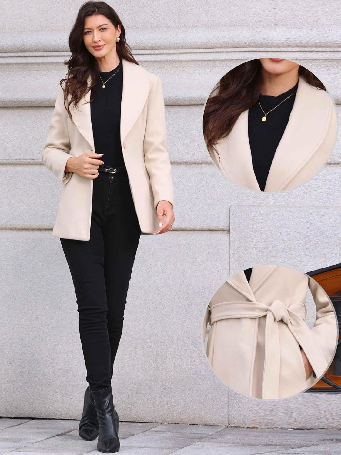 Allegra K Pea Coats for Women Lapel Collar One Button Overcoat with Belt Winter Coat - Image 4