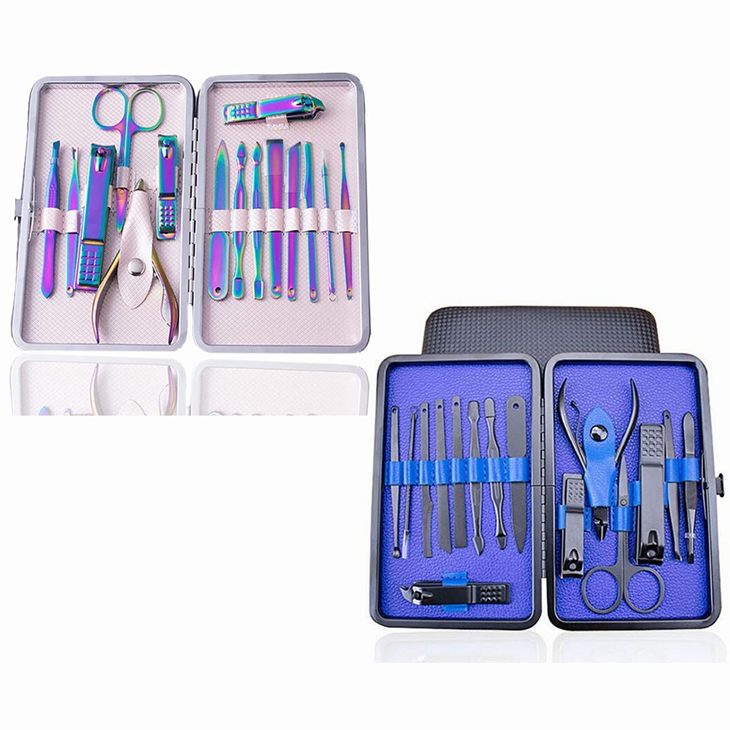 2 Pack Manicure Pedicure Set - FUNJIA 15 Piece Stainless Steel Nail Care Tools - Fingernail Clippers,Toenail Clippers -Portable Travel & Grooming Kit Tools : Health & Household