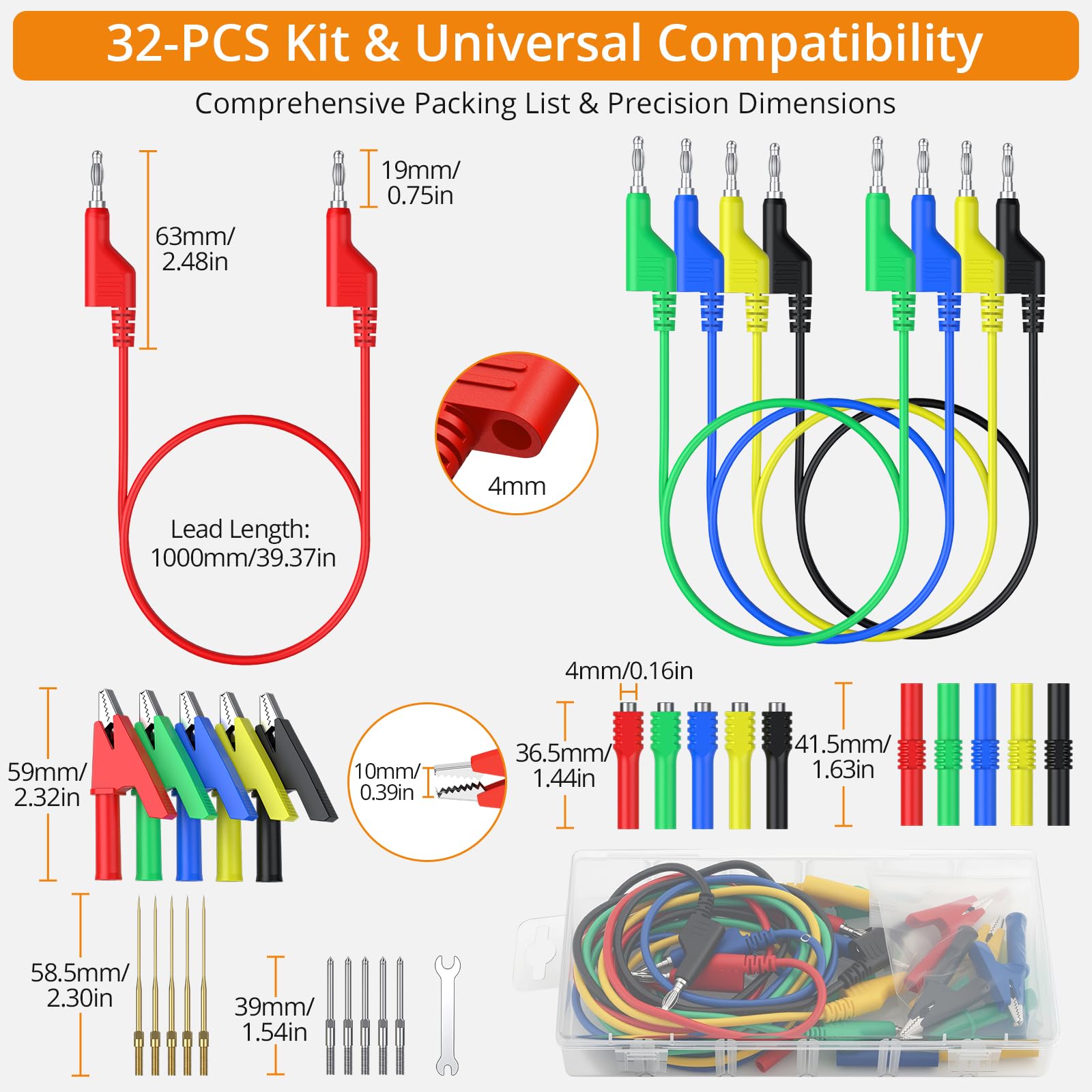 Neoteck 32 Pezzi Puntali Tester per Multimetro con spina Banana 4mm Impilabili Sonda Filettata e Pinze a Coccodrillo per Test Auto ed Elettronica