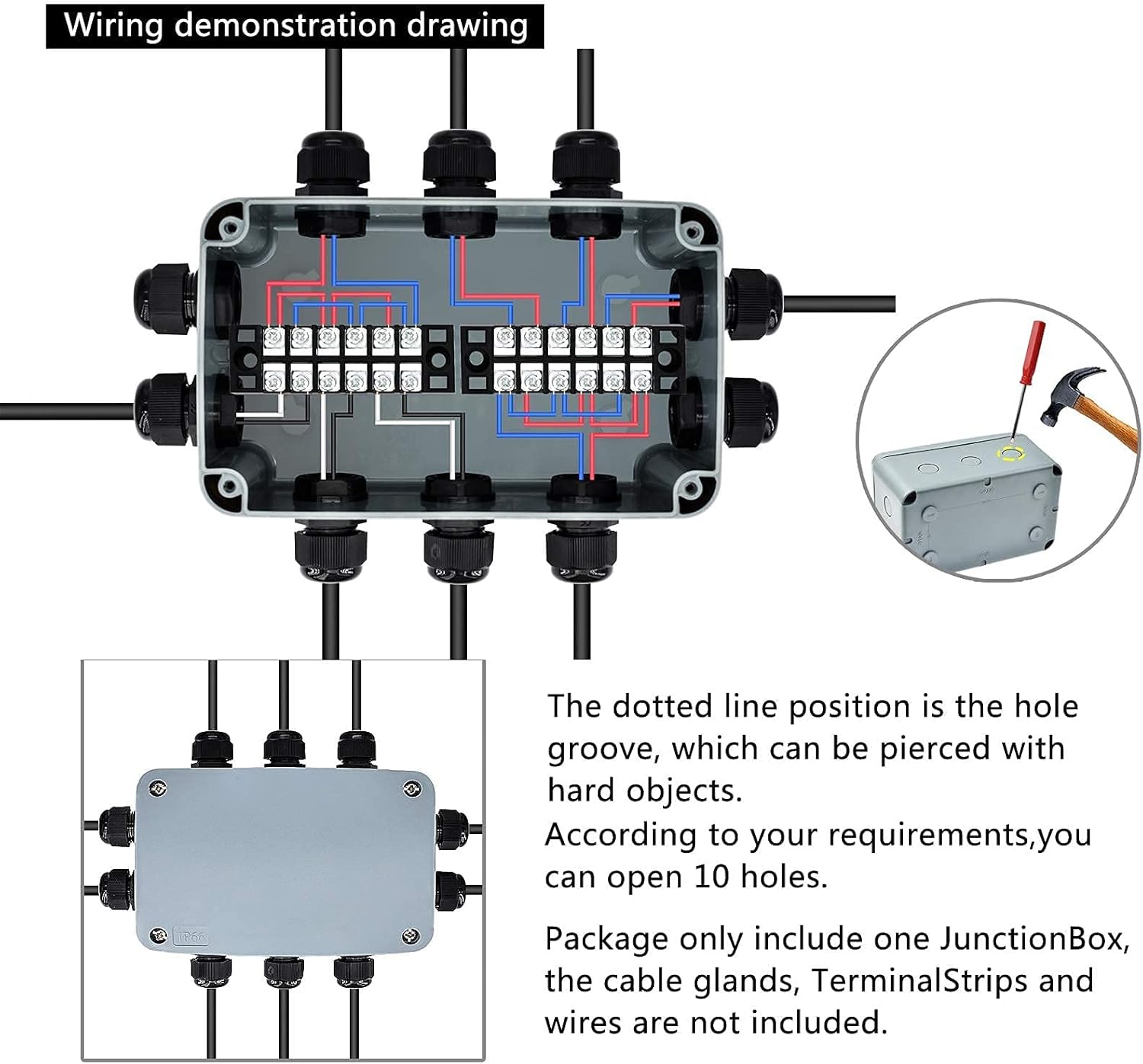 Nineleaf Large Outdoor Junction Box with 5 Different Sizes Cable Gland, 4 Connectors of Each Size ABS Plastic Dustproof IP68 Waterproof Universal Electrical Boxes Project Enclosure