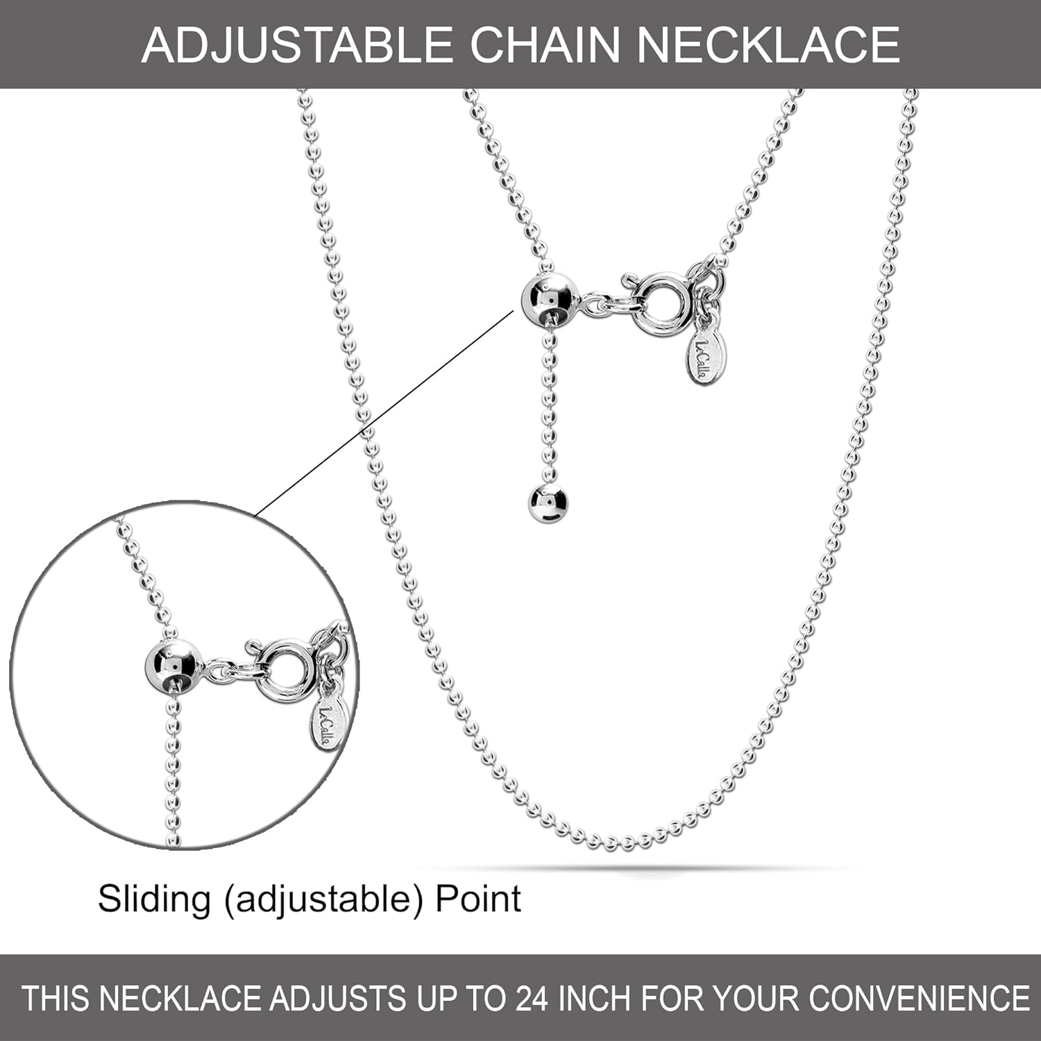 LeCalla 925 Sterling Silver Italian Jewelry Adjustable Chain Necklace, Sliding Bolo Chain Necklace for Women Slider Chain 14 to 24 Inch.