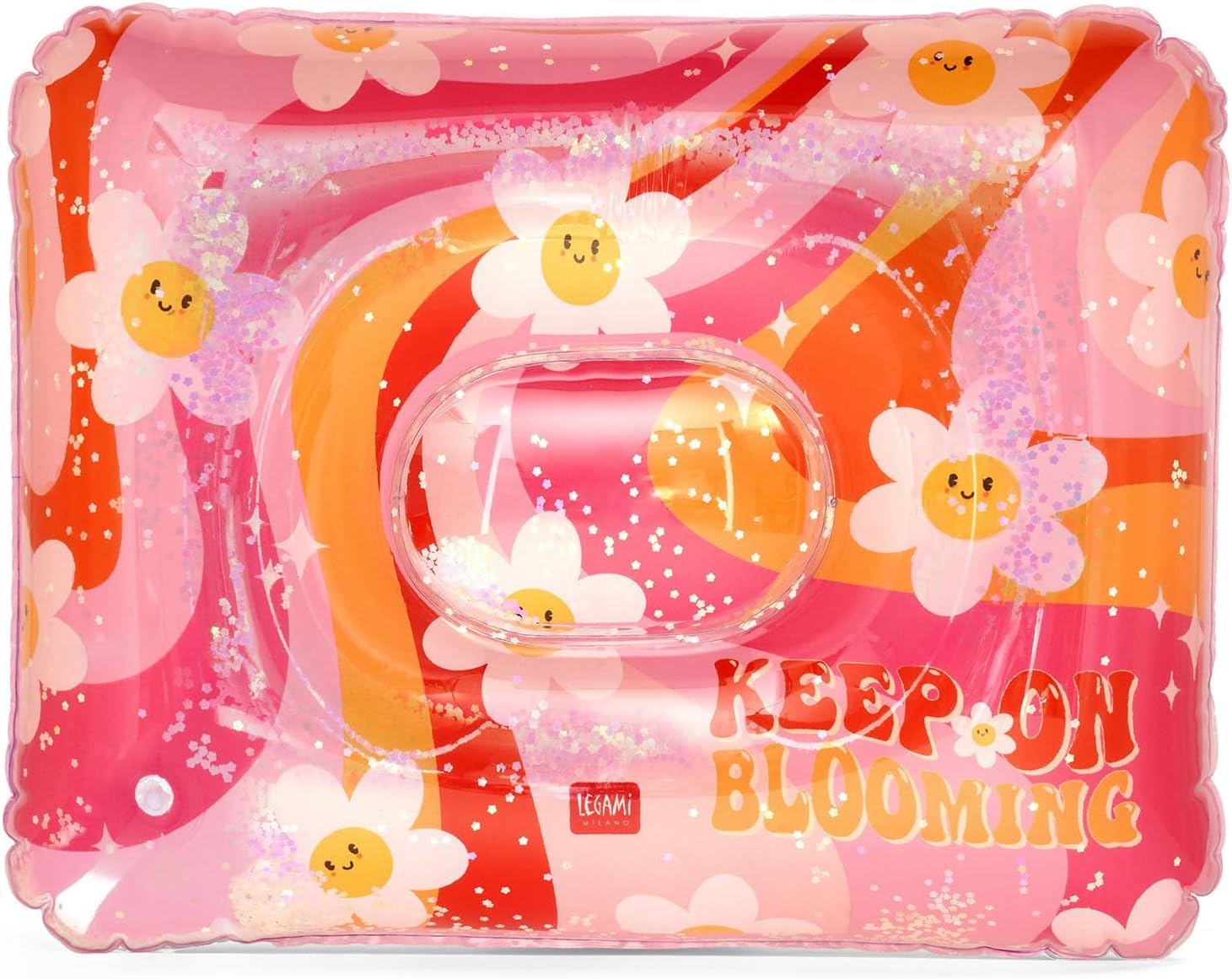 LEGAMI Inflatable Pillow in Daisy Pink color, showing its rectangular shape and glitter inside.