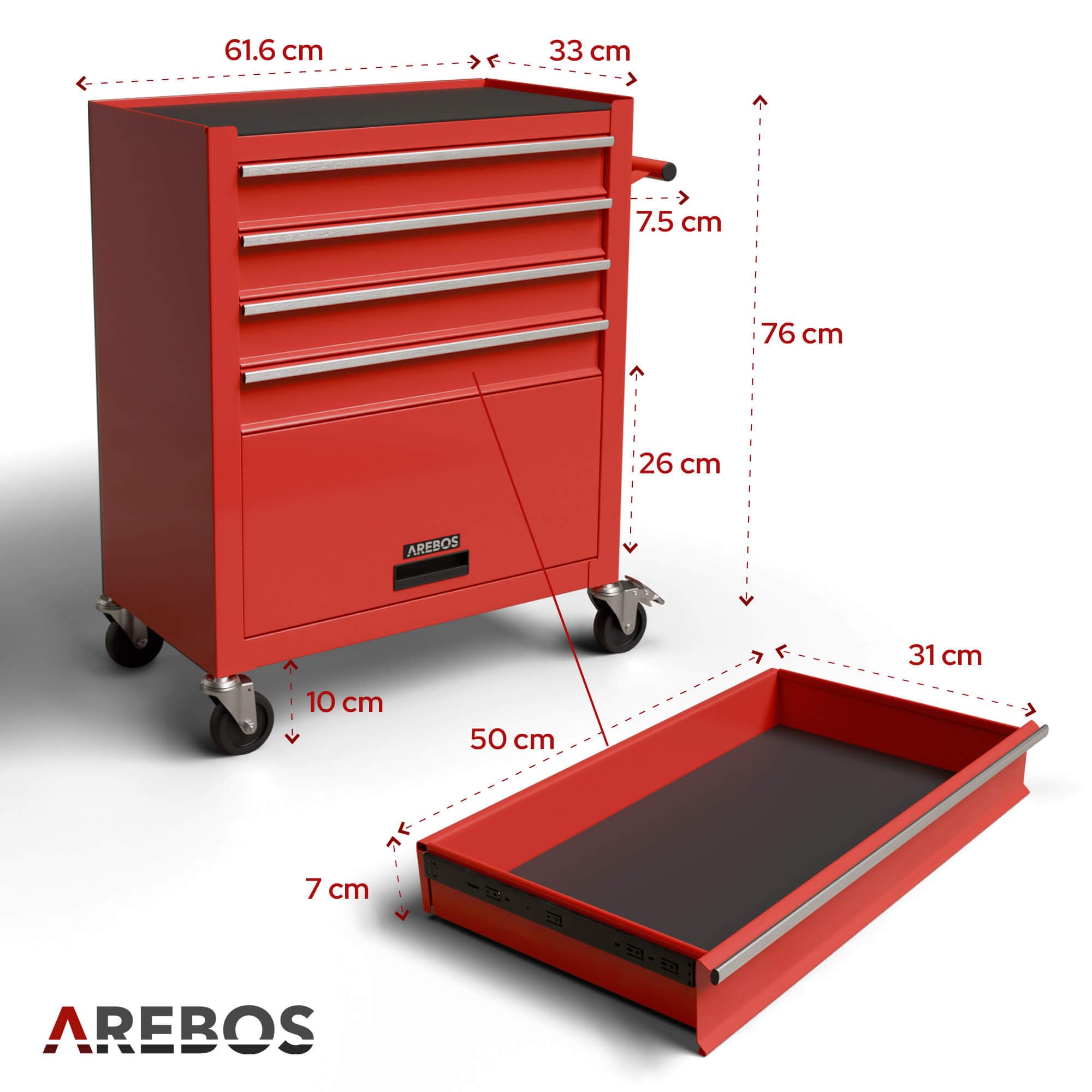 AREBOS Servante d'atelier 4 Compartiments | avec 81 pièces d'outils | Chariot à Outils | équipé | Tapis antidérapants | Interlock | 2 roulettes avec Frein de stationnement | Rouge