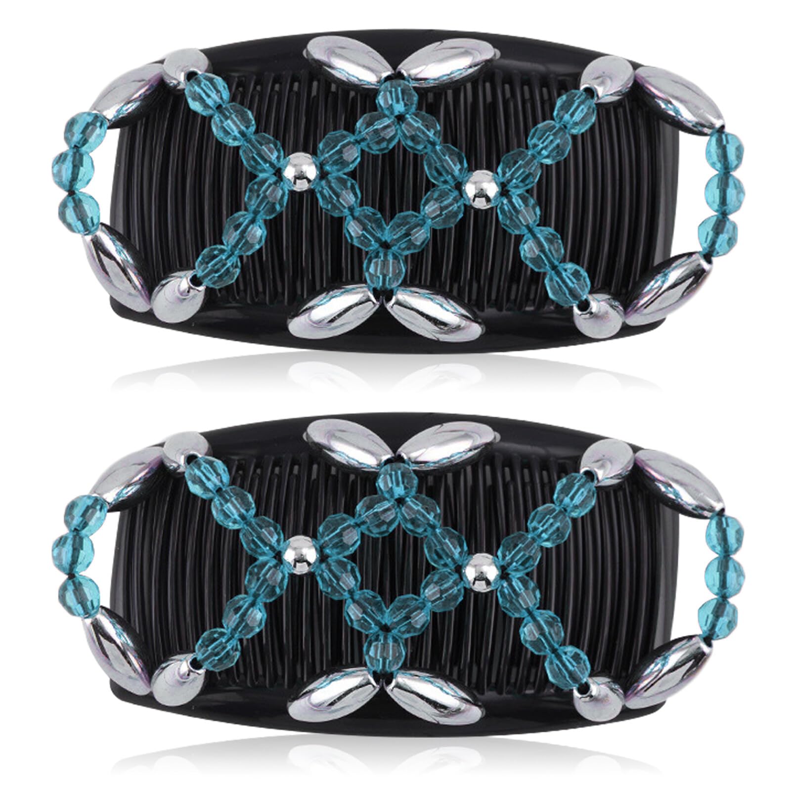 Magic Beads Hair Comb, Hair Combs Slides for Women, 2 PCS Minimalistic Elastic Magic Hair Comb for Thick Fine Hair, Durable Double Hair Slides for DIY Hairstyle Girls Hair Accessories(Blue)