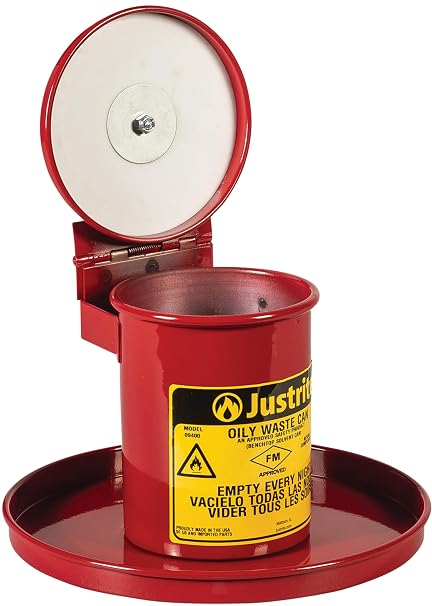 Justrite 0.45 Gallon Galvanized Steel Mini Countertop Oily Waste Can، 10.5 x 7 Metal Oil Rag Safety Can with Hand-Closing Lid for Oily Rag Disposal، Made in the USA, أحمر ، 09400