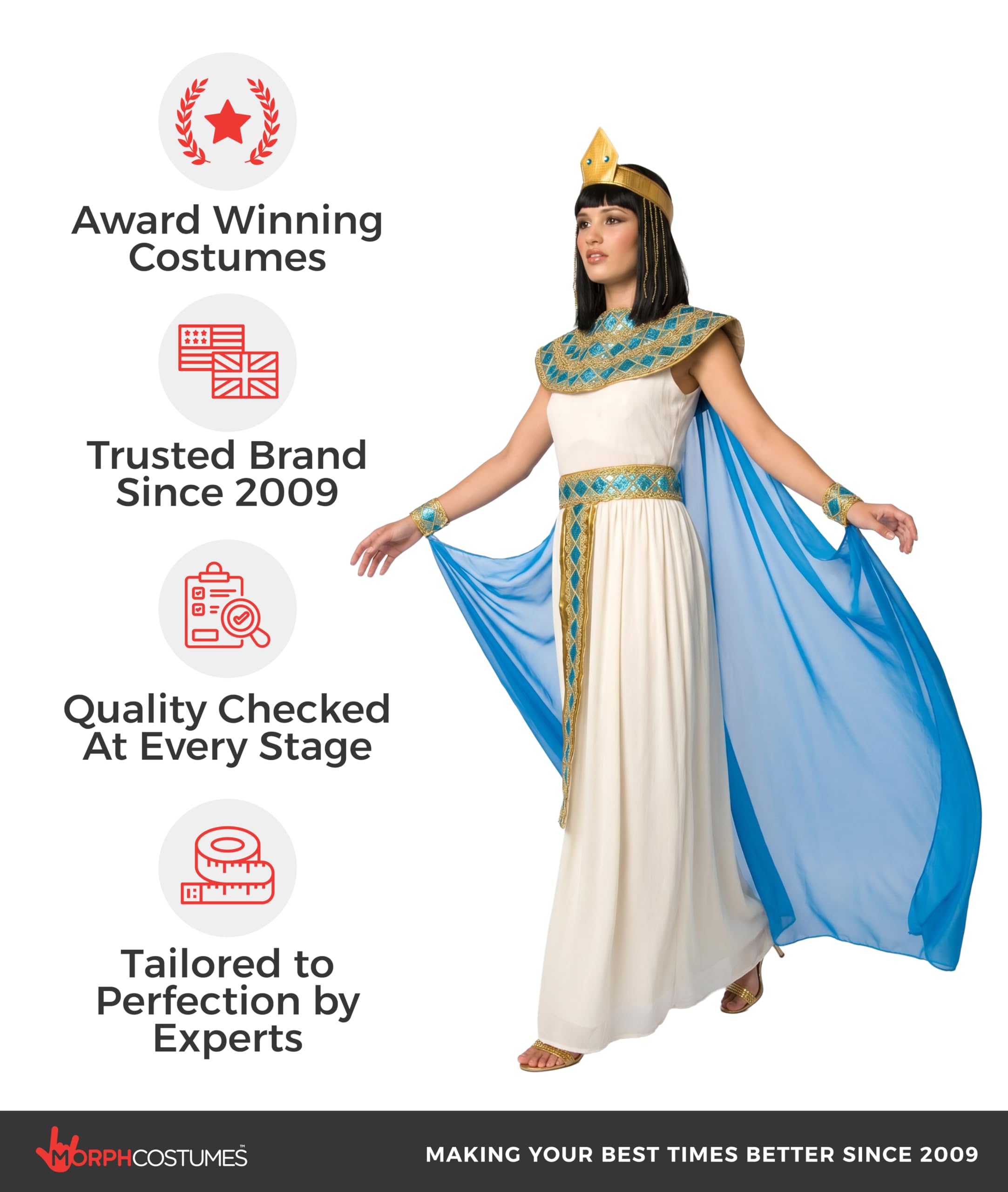 Morph Deguisement Cleopatre Femme, Costume Egyptien Halloween Femme | Robe à Bijoux, Ceinture Dorée, Collier, Cape & Coiffe, Reine du Nil, Parfait pour Halloween, Idéal pour se Déguiser