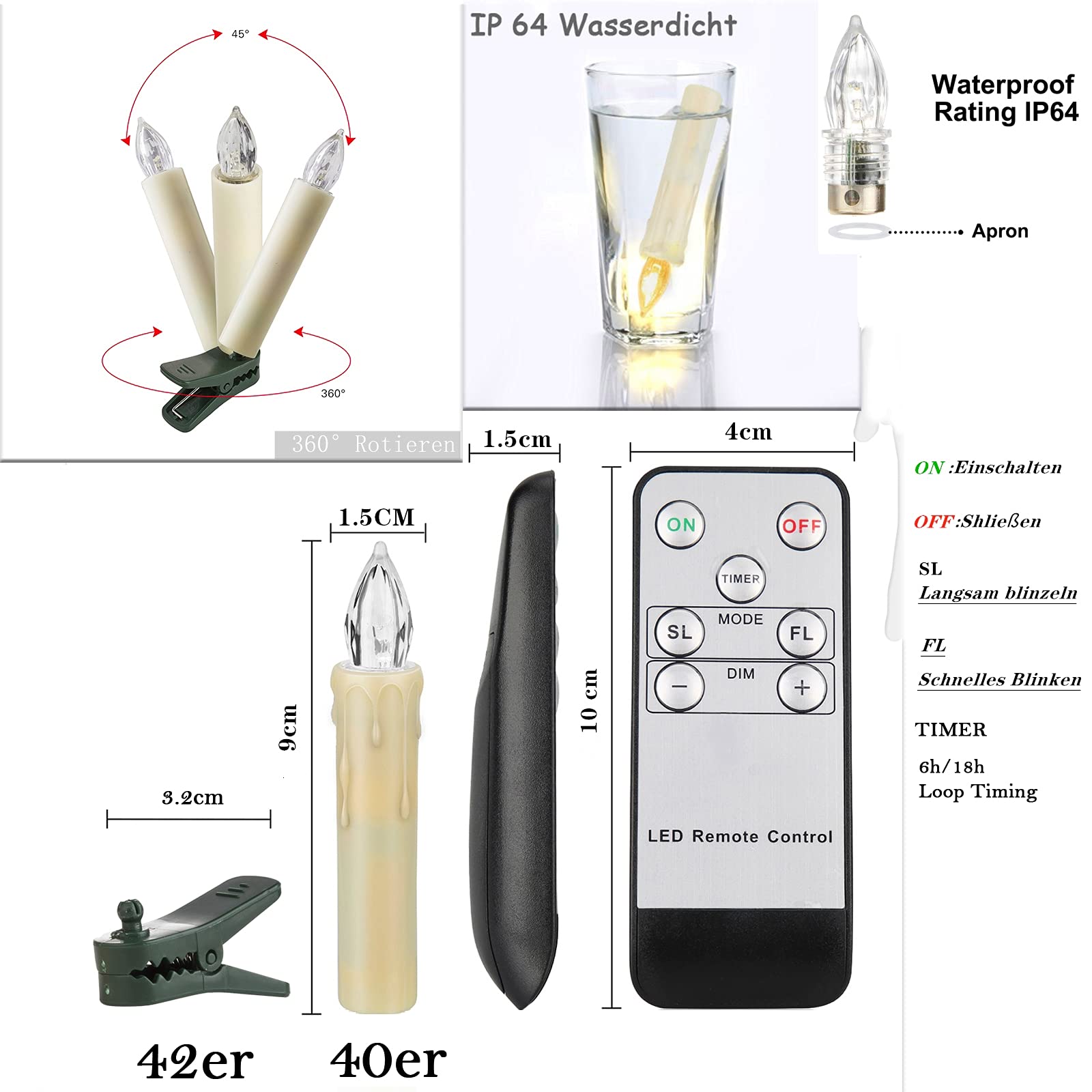 40er LED Weihnachtskerzen Christbaumkerzen Weihnachtsbaumkerzen Kabellose Lichterkette Kerzen mit Timer Flackernde Dimmbar für Weihnachten Halloween Dekoration Lichterkette ohne kabel