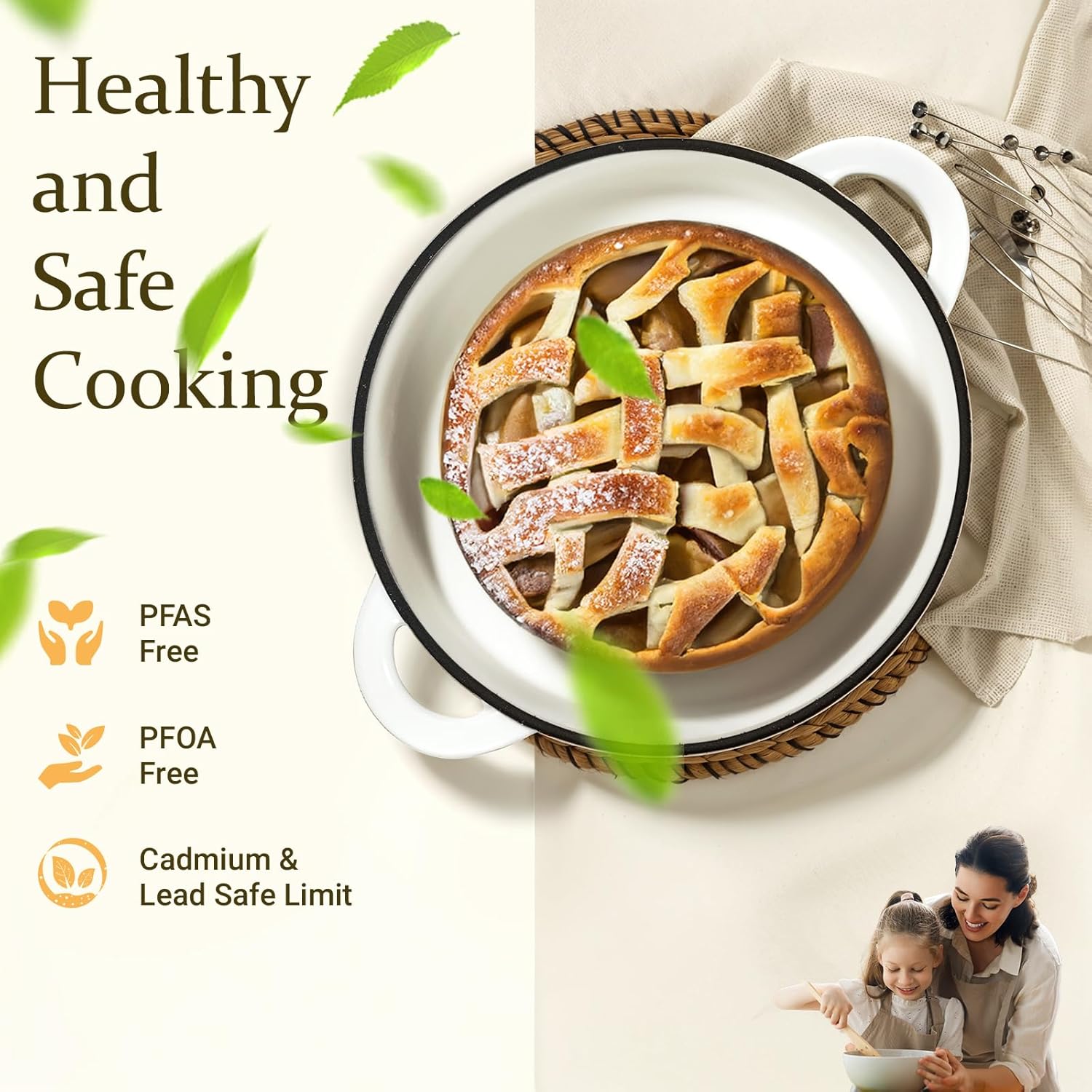 Overmont Enameled Cast Iron Dutch Oven - 5.5QT Pot with Lid Cookbook & Cotton Potholders - Heavy-Duty Cookware for Braising, Stews, Roasting, Bread Baking Pearl White - Image 2