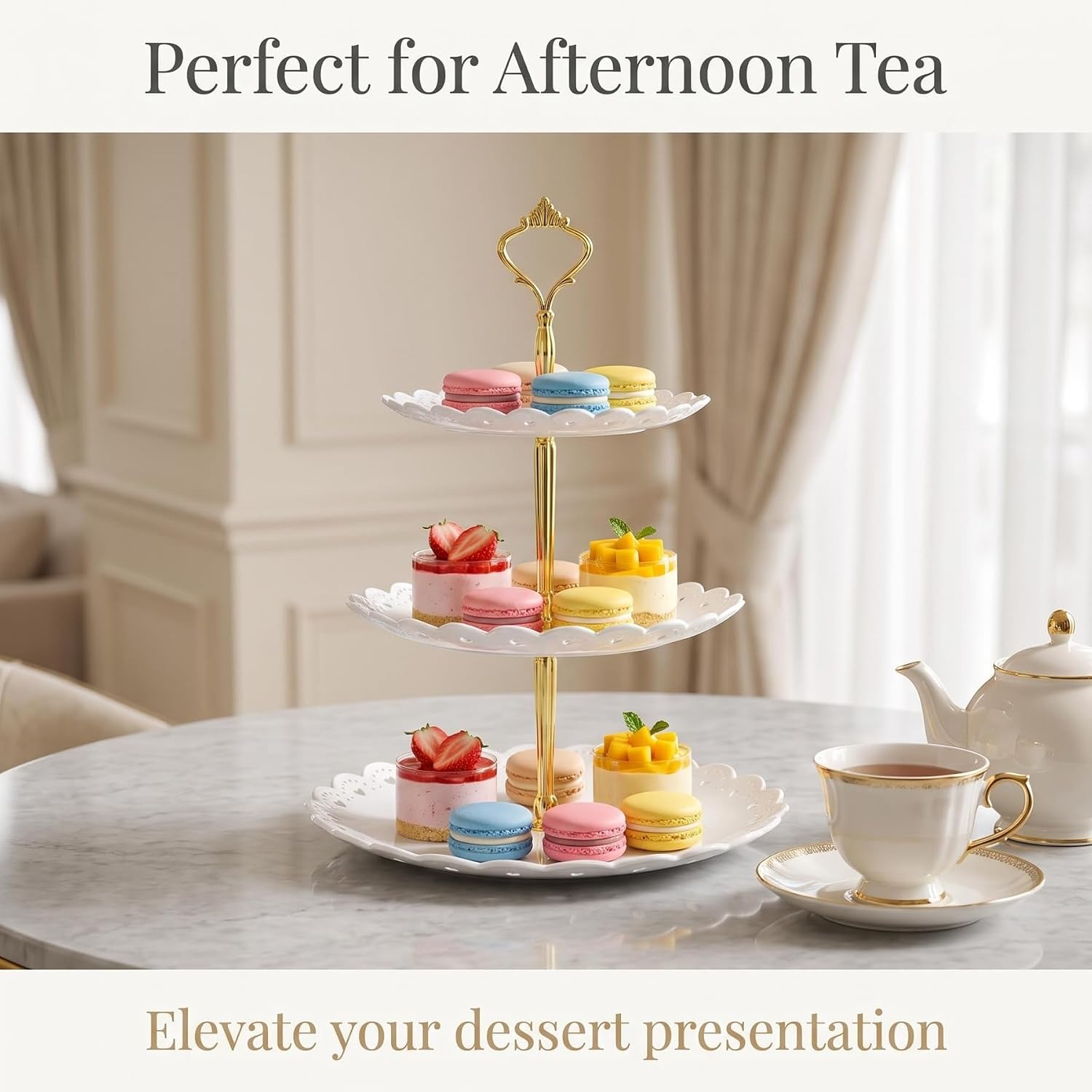 3 Tier Cupcake Stand, Plastic Tiered Fruit Plate, Used for Wedding Dim Sum Table Cake Plate Candy Display Tower (White)